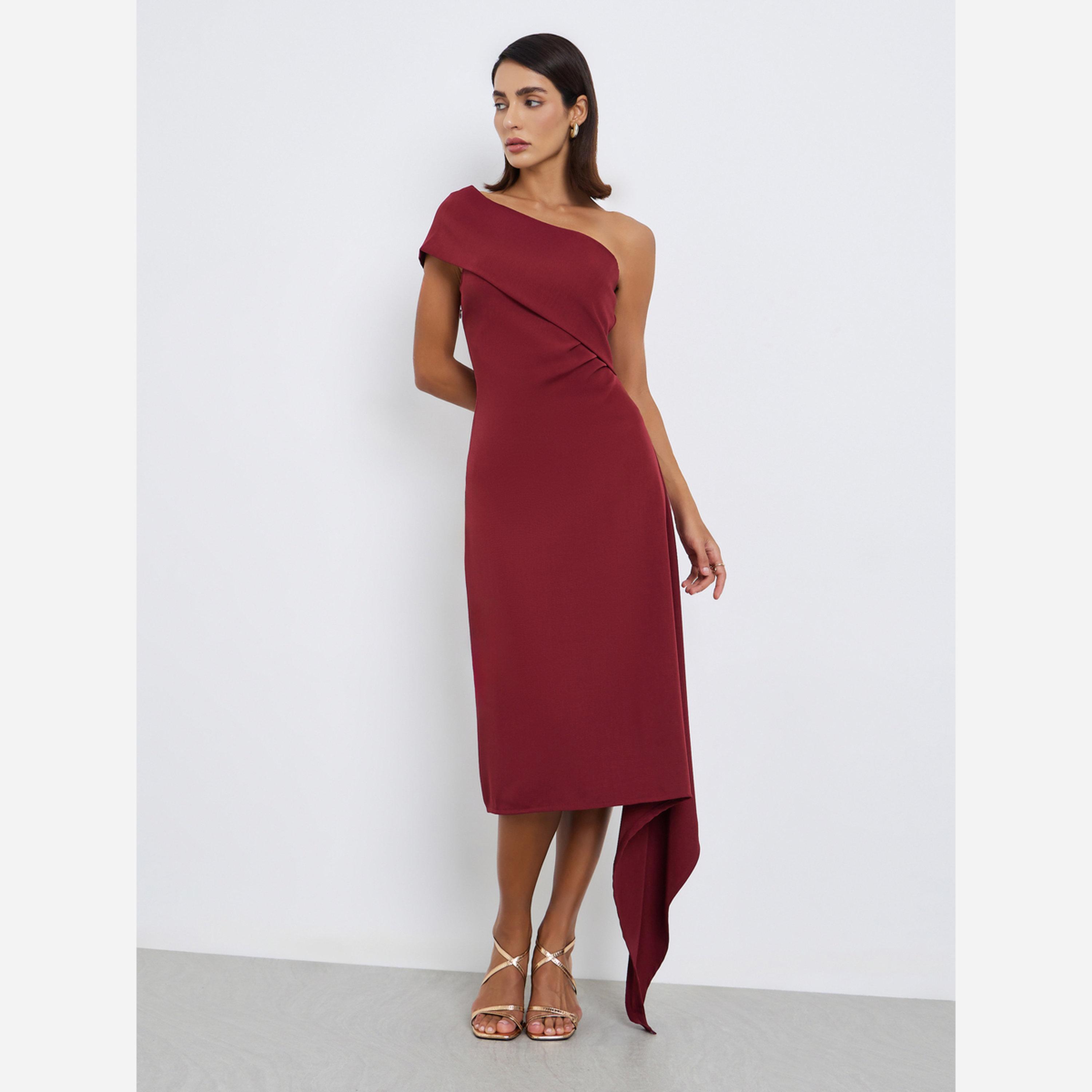 ستايلي - فستان متوسط الطول ضيق بكتف واحد-women-clothing-dresses-image-3