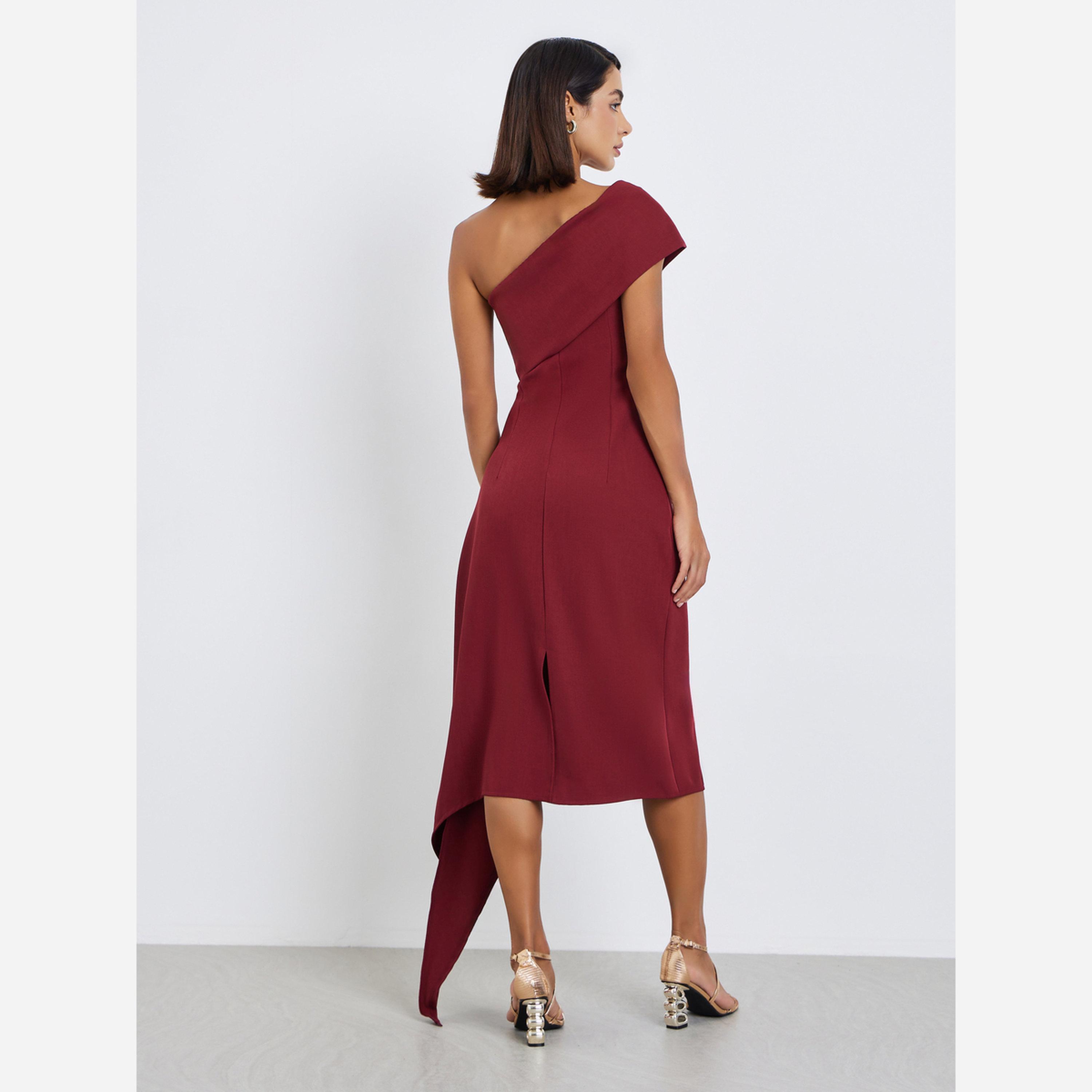 ستايلي - فستان متوسط الطول ضيق بكتف واحد-women-clothing-dresses-image-4