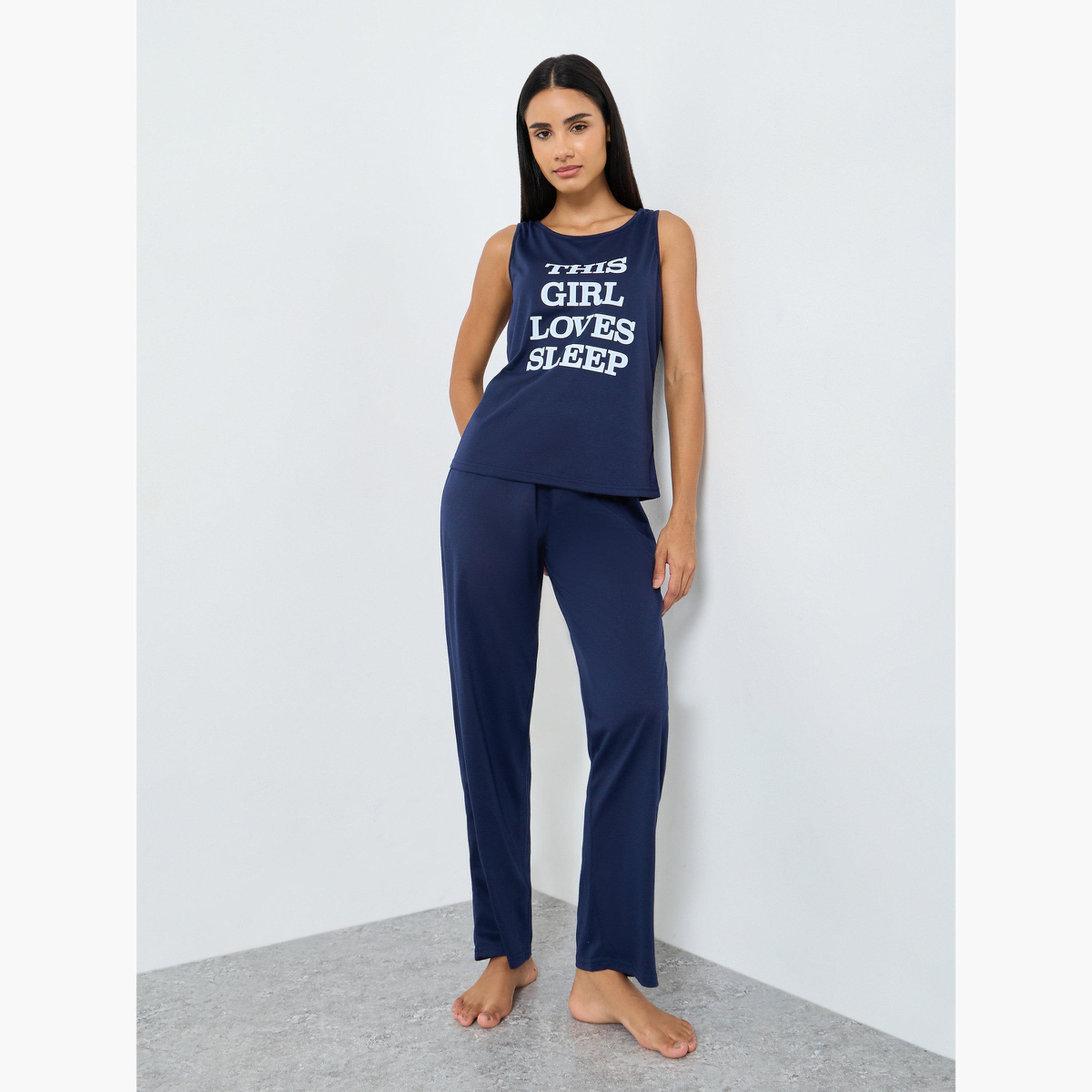 طقم بيجاما من بلوزة تانك مع بنطال بخصر كشكش-women-clothing-nightwear-pyjamas-longsets-image-1