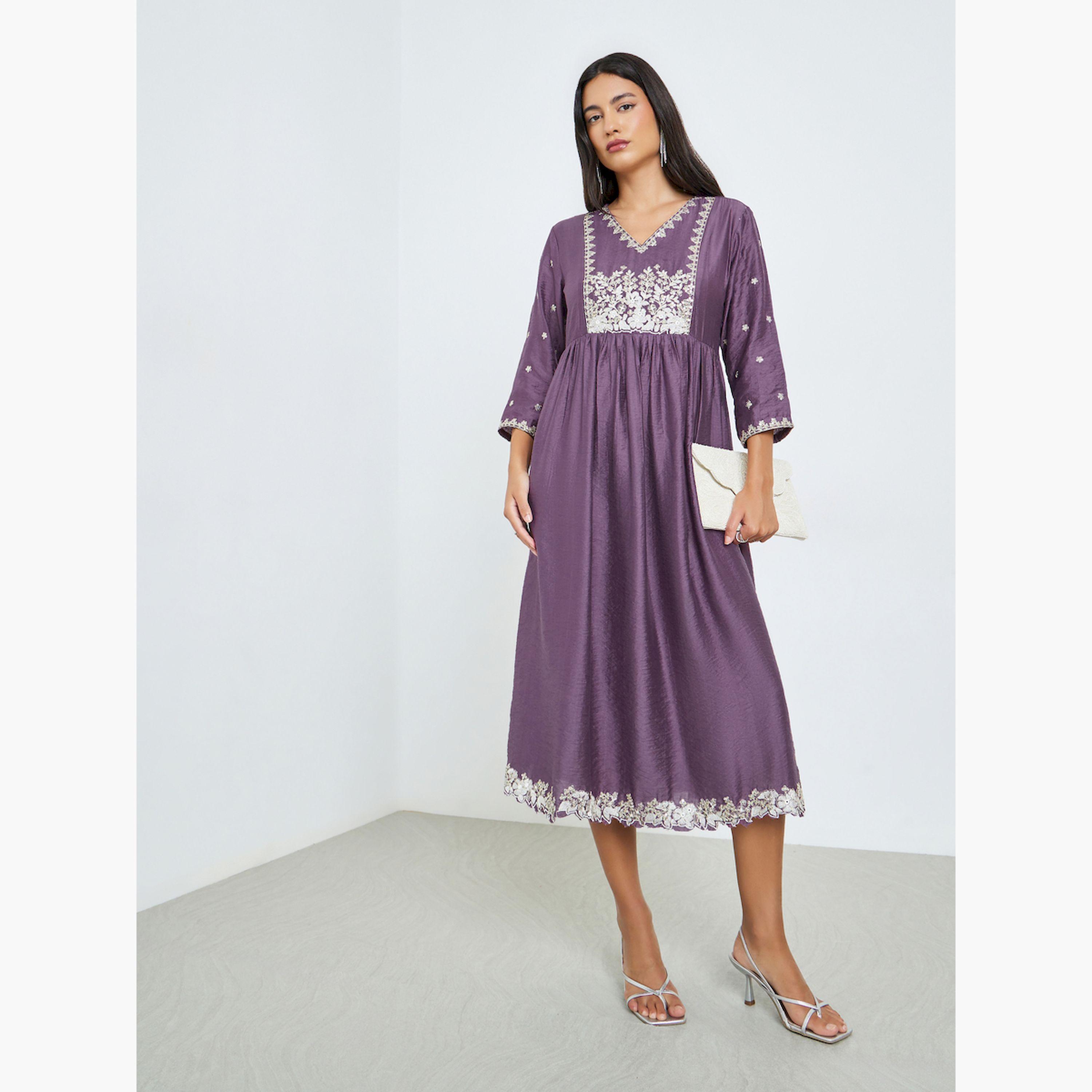 Styli Purple Embroidery A-Line Midi Dress with 3/4th Sleeves-women-clothing-dresses-image-2