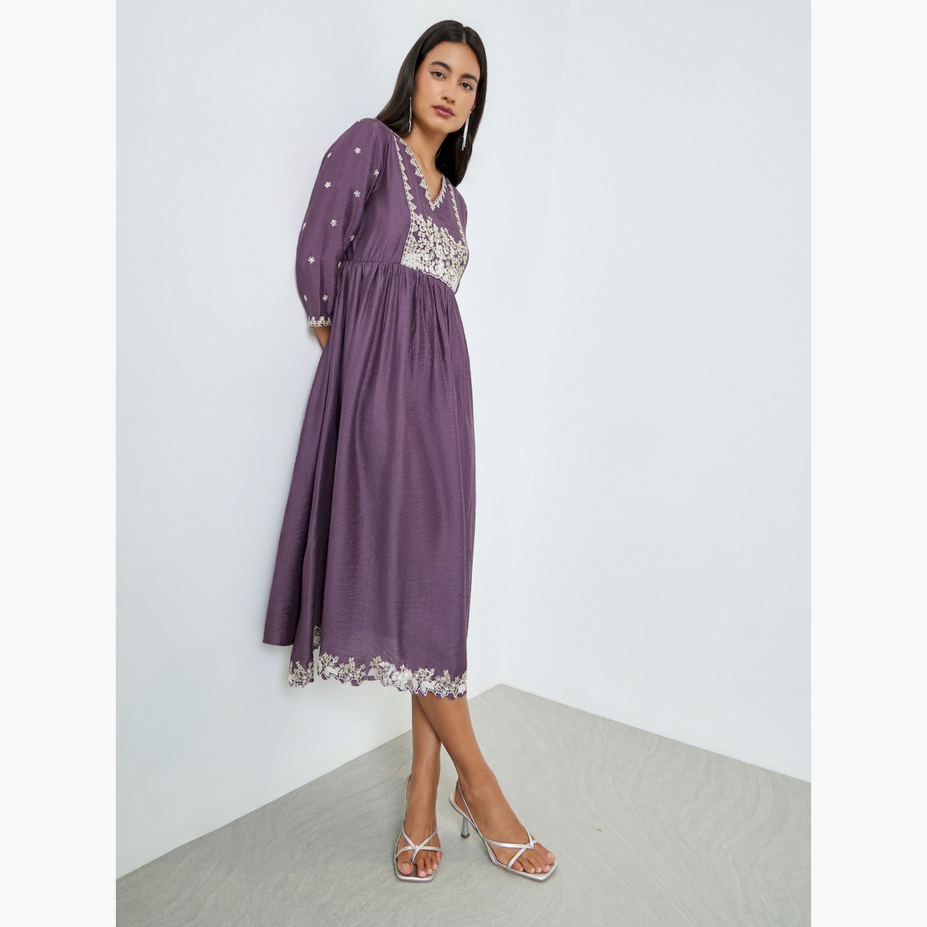 Styli Purple Embroidery A-Line Midi Dress with 3/4th Sleeves-women-clothing-dresses-image-3