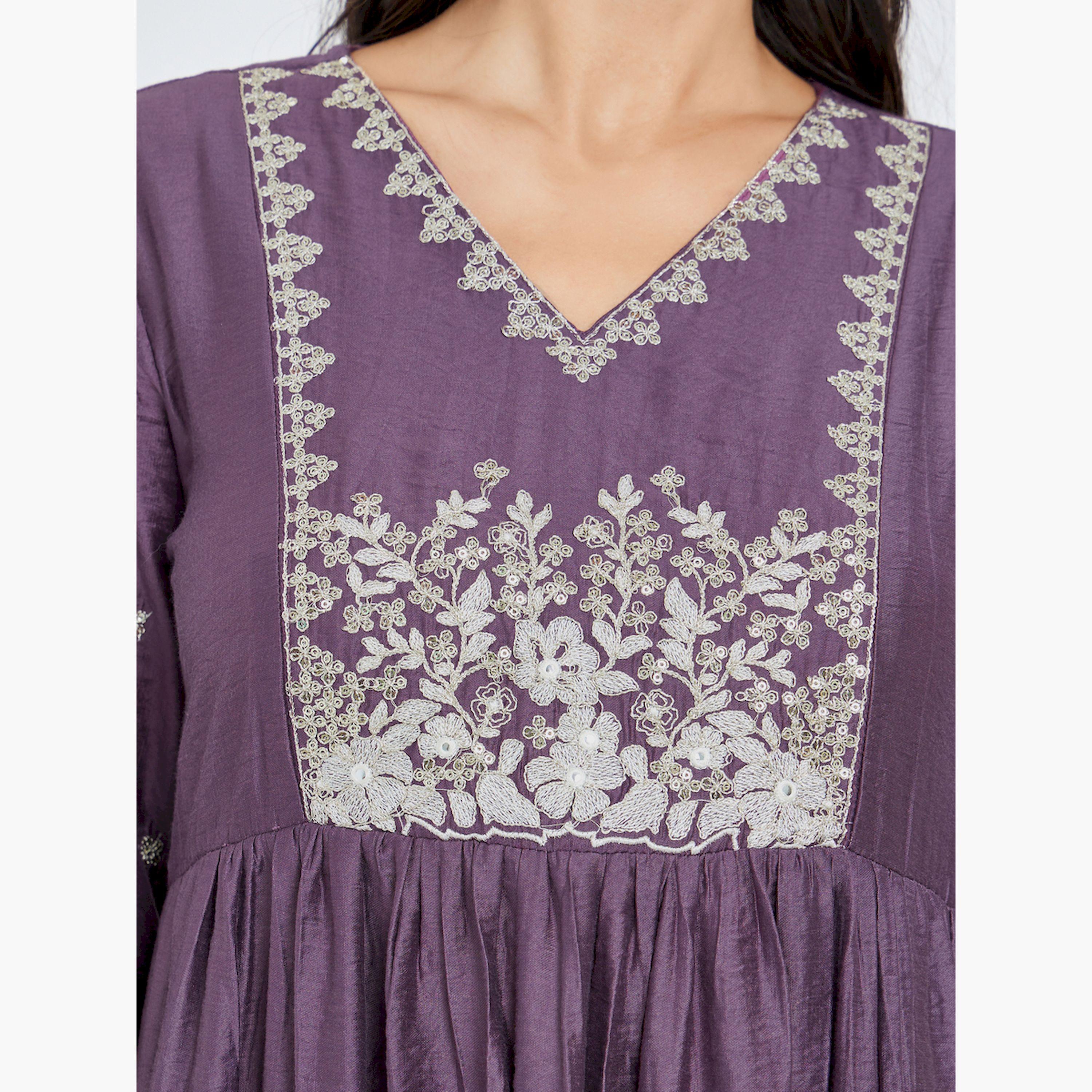 Styli Purple Embroidery A-Line Midi Dress with 3/4th Sleeves-women-clothing-dresses-image-4