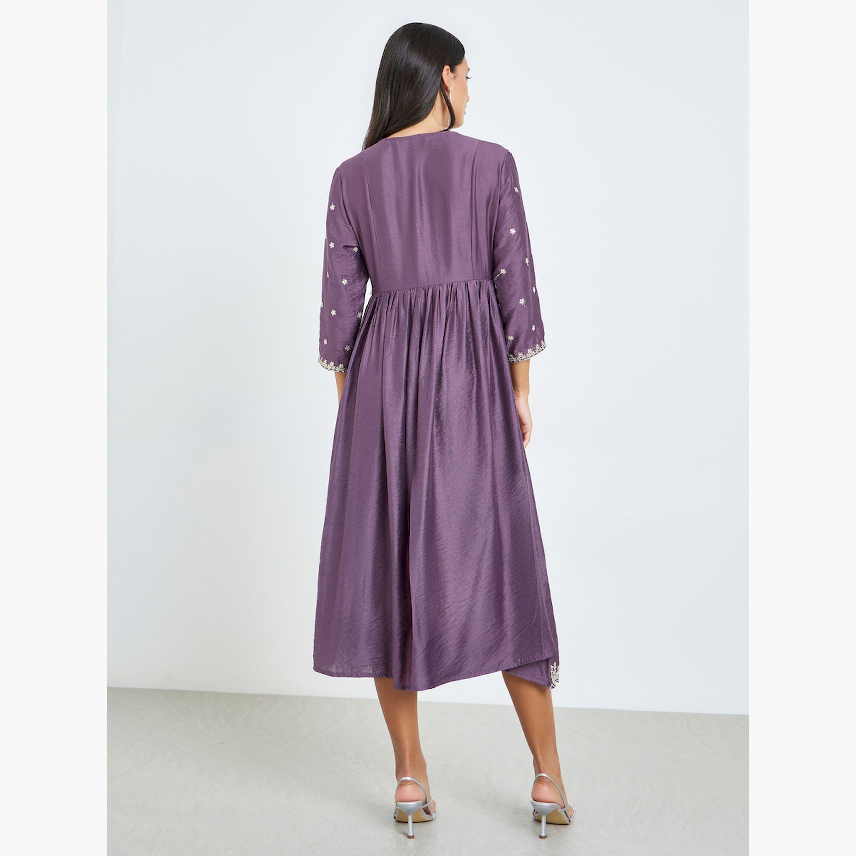 Styli Purple Embroidery A-Line Midi Dress with 3/4th Sleeves-women-clothing-dresses-image-5