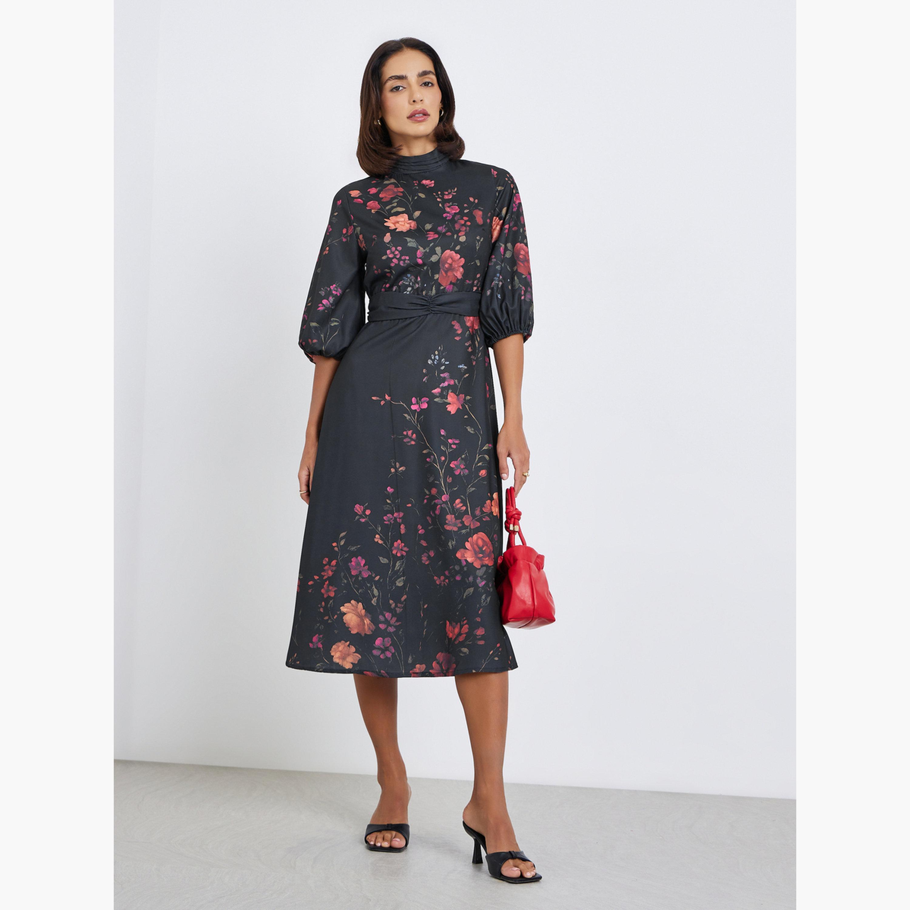 فستان ميدي بأكمام ثلاثة أرباع وطبعة زهور-women-clothing-dresses-image-1