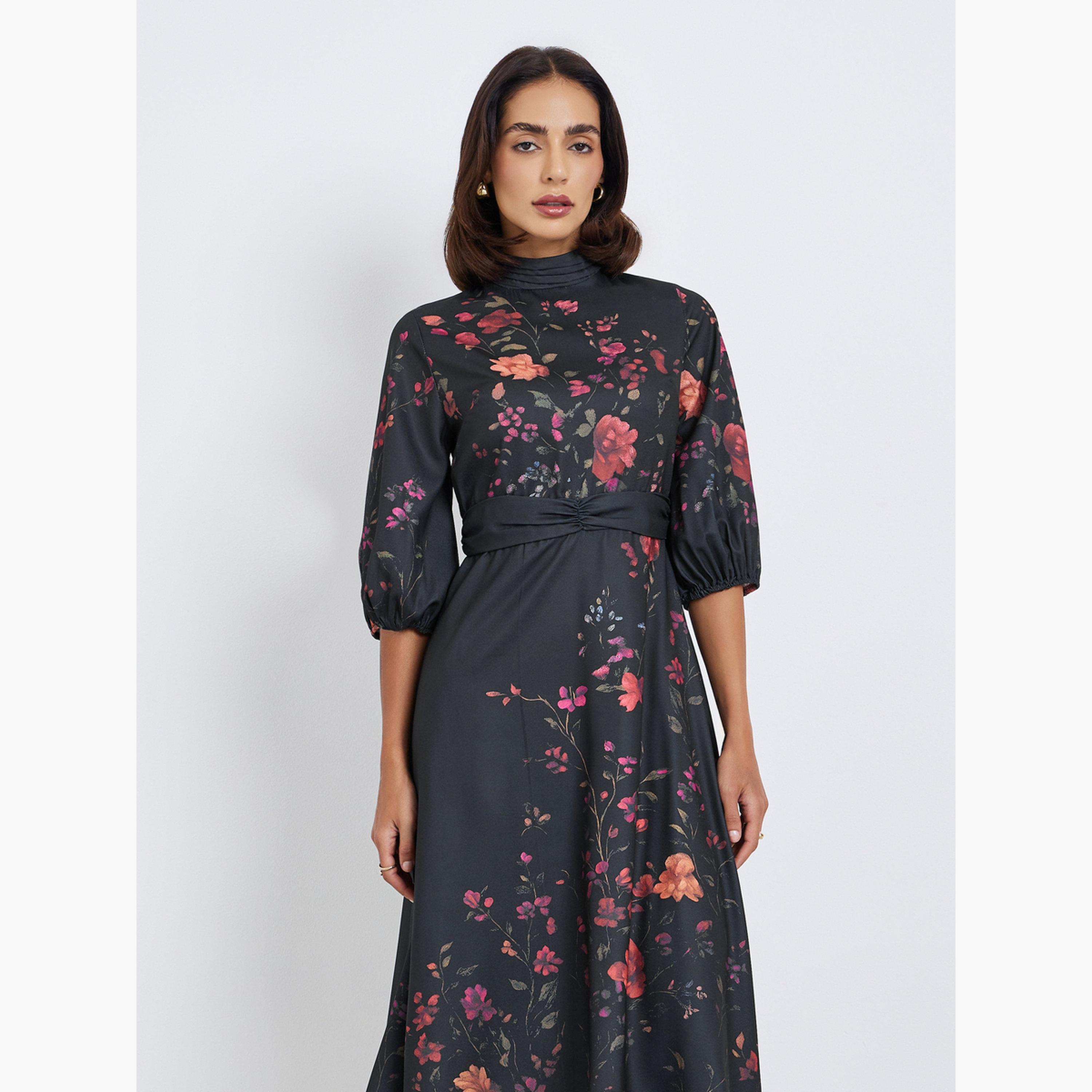 فستان ميدي بأكمام ثلاثة أرباع وطبعة زهور-women-clothing-dresses-image-2