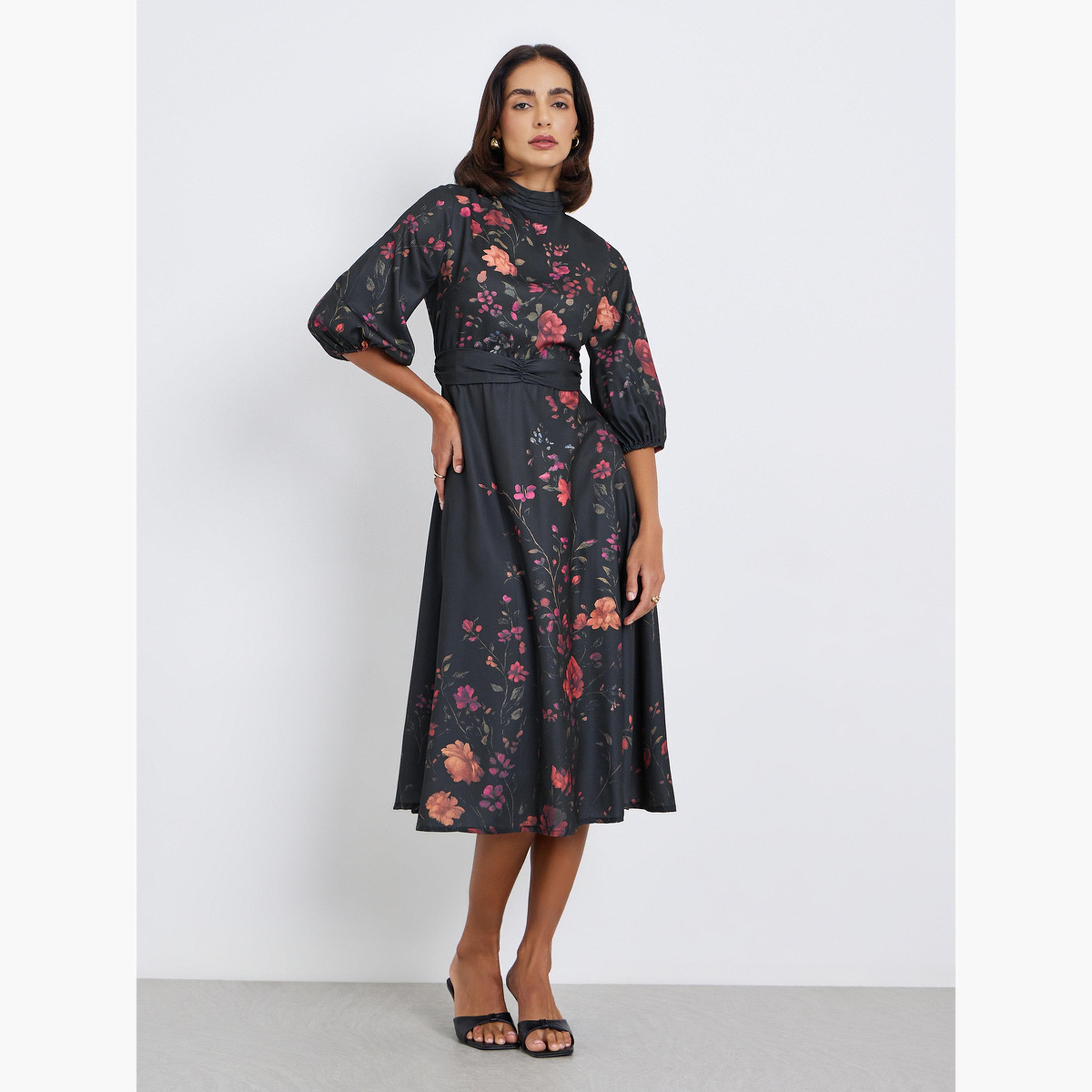 فستان ميدي بأكمام ثلاثة أرباع وطبعة زهور-women-clothing-dresses-image-3