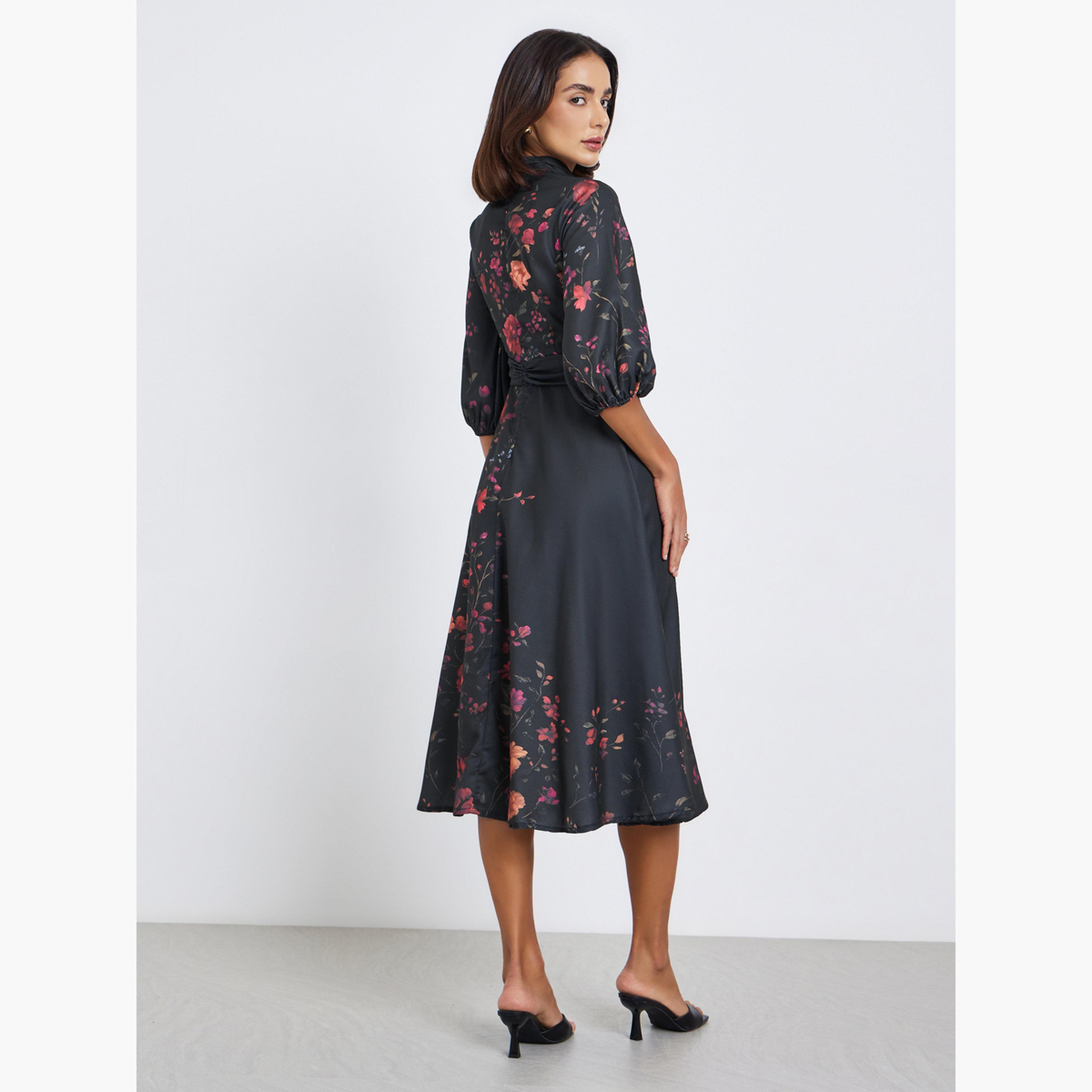 فستان ميدي بأكمام ثلاثة أرباع وطبعة زهور-women-clothing-dresses-image-4