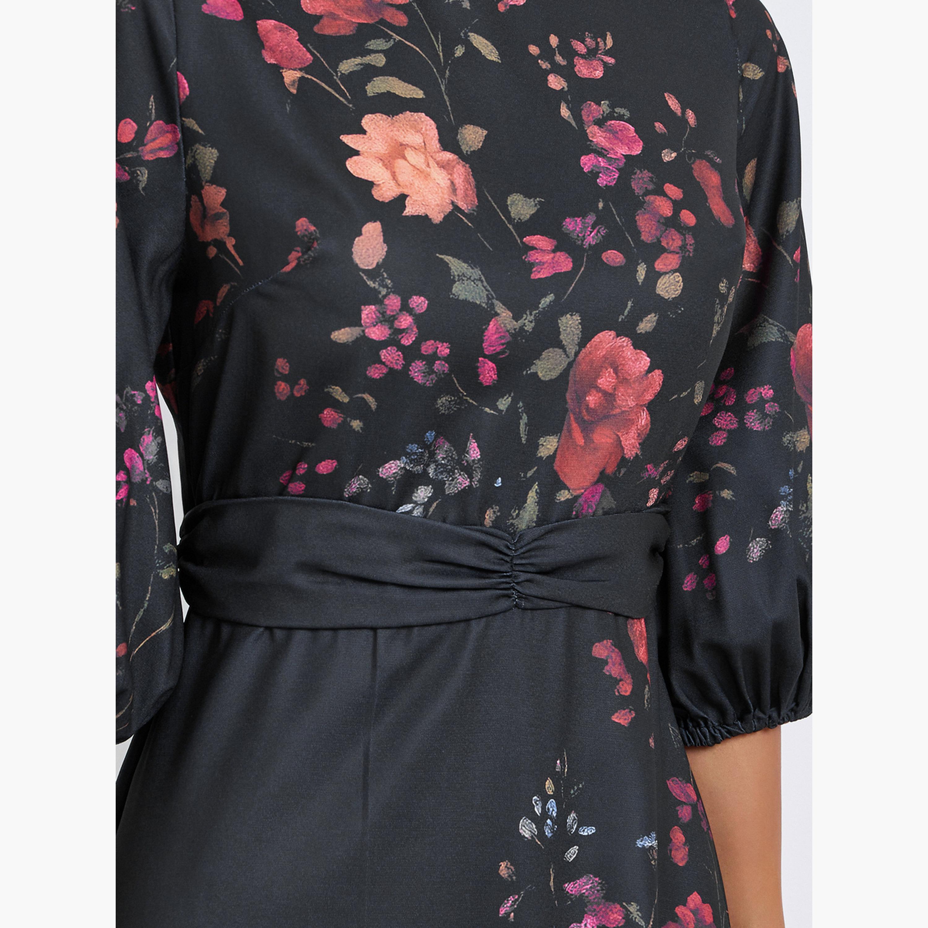 فستان ميدي بأكمام ثلاثة أرباع وطبعة زهور-women-clothing-dresses-image-5