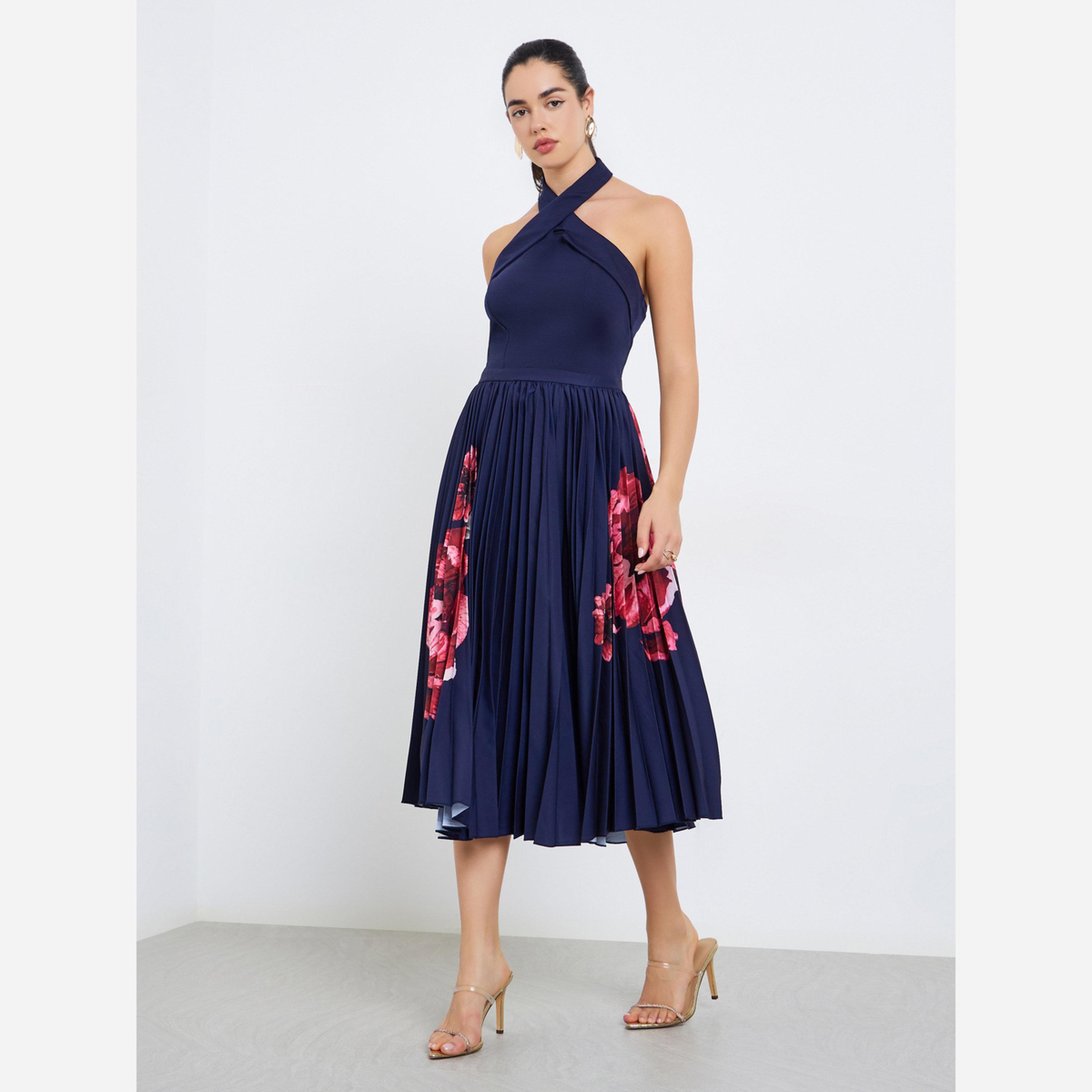 ستايلي - فستان متوسط الطول نسائي لون أزرق داكن طبعة زهور، تصميم A-women-clothing-dresses-image-1
