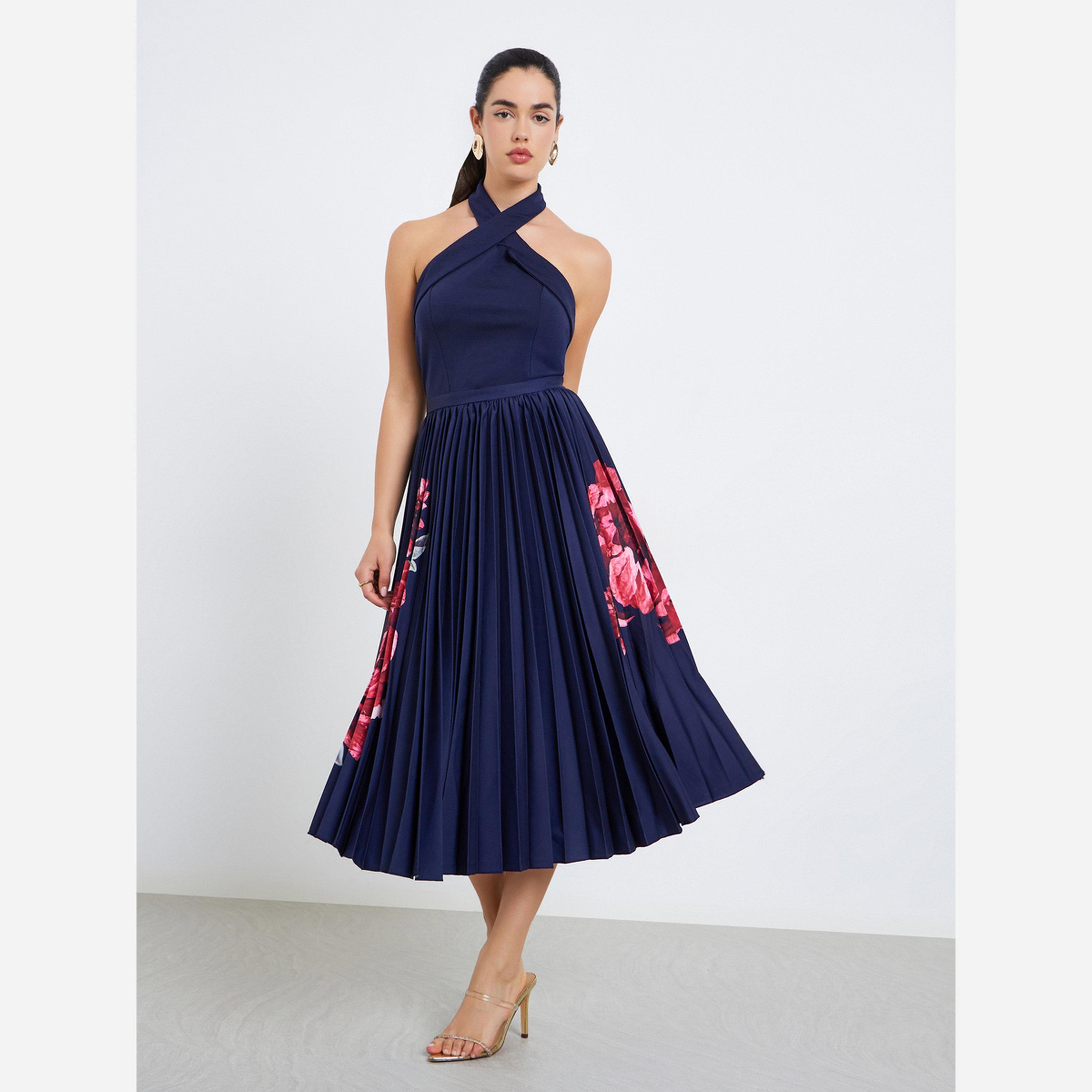 ستايلي - فستان متوسط الطول نسائي لون أزرق داكن طبعة زهور، تصميم A-women-clothing-dresses-image-2