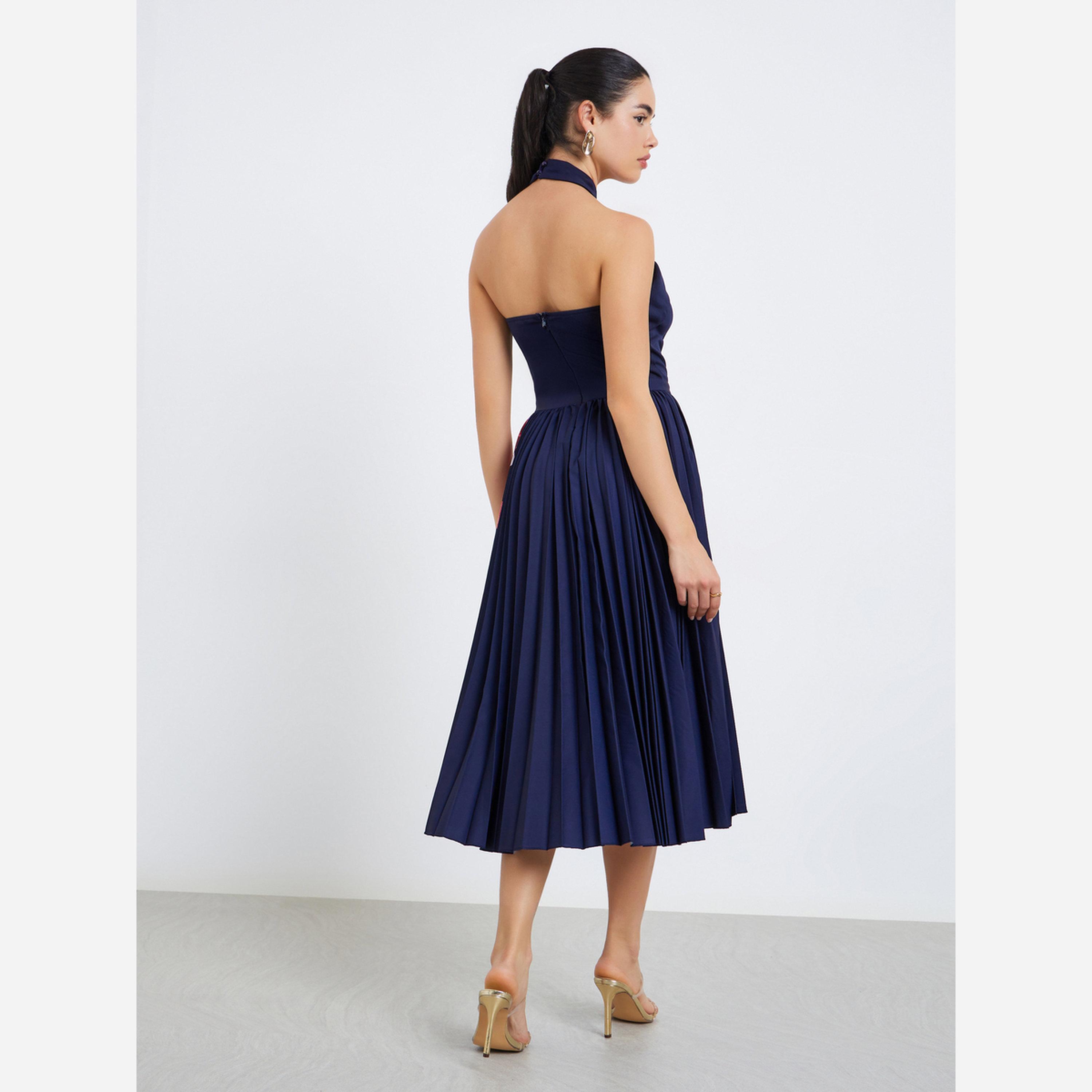 ستايلي - فستان متوسط الطول نسائي لون أزرق داكن طبعة زهور، تصميم A-women-clothing-dresses-image-3