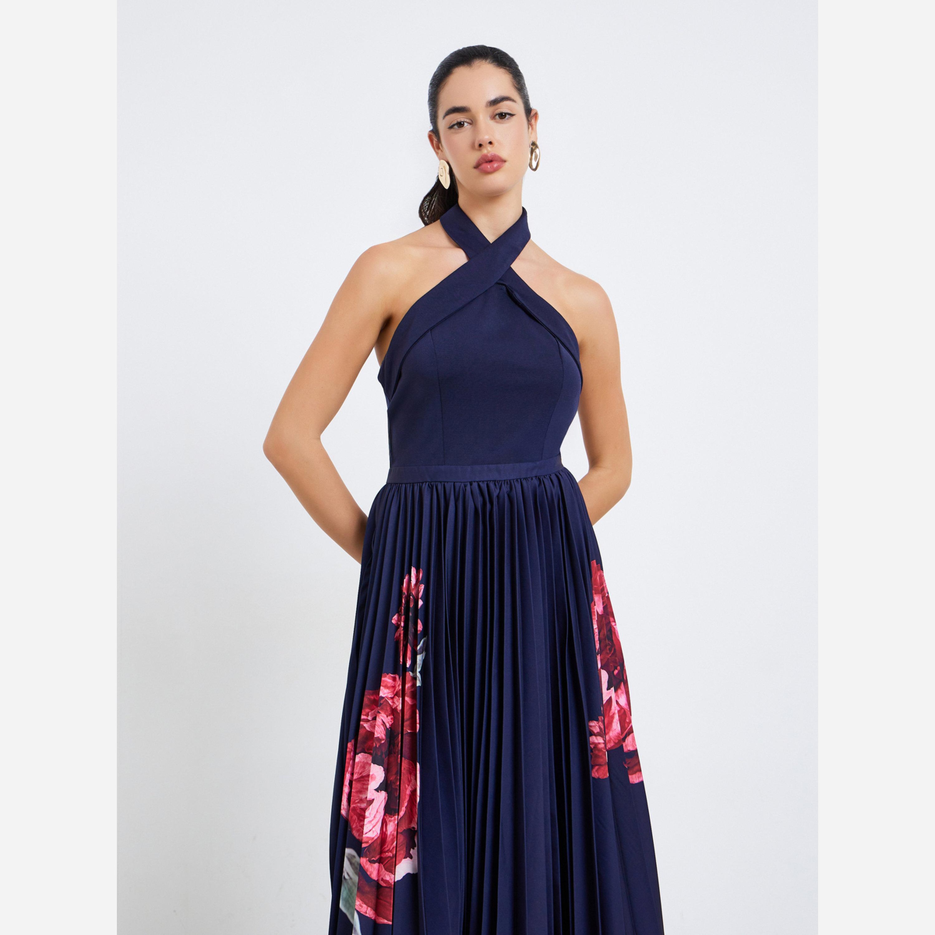 ستايلي - فستان متوسط الطول نسائي لون أزرق داكن طبعة زهور، تصميم A-women-clothing-dresses-image-4