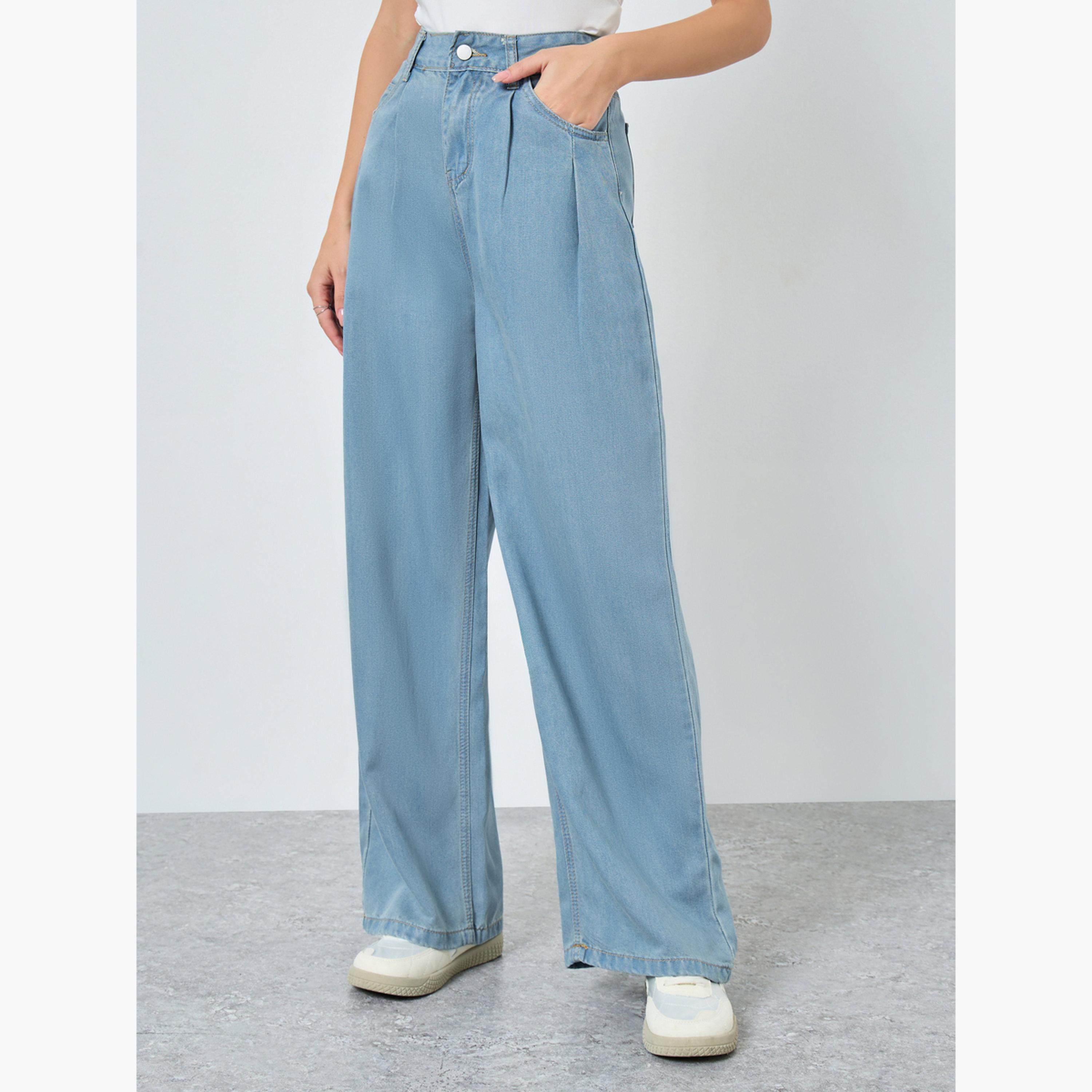 ستايلي - بنطال جينز أزرق فاتح بخصر عالٍ وساق واسعة للنساء-women-clothing-bottoms-jeans-image-1