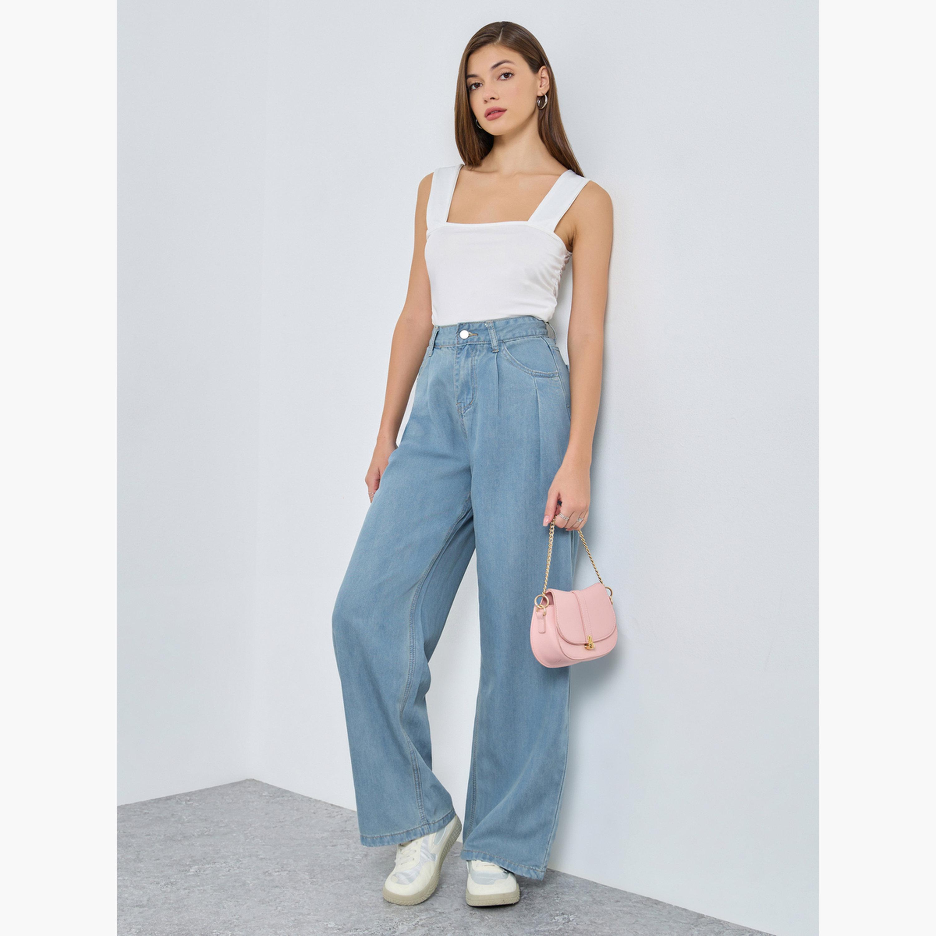 ستايلي - بنطال جينز أزرق فاتح بخصر عالٍ وساق واسعة للنساء-women-clothing-bottoms-jeans-image-2