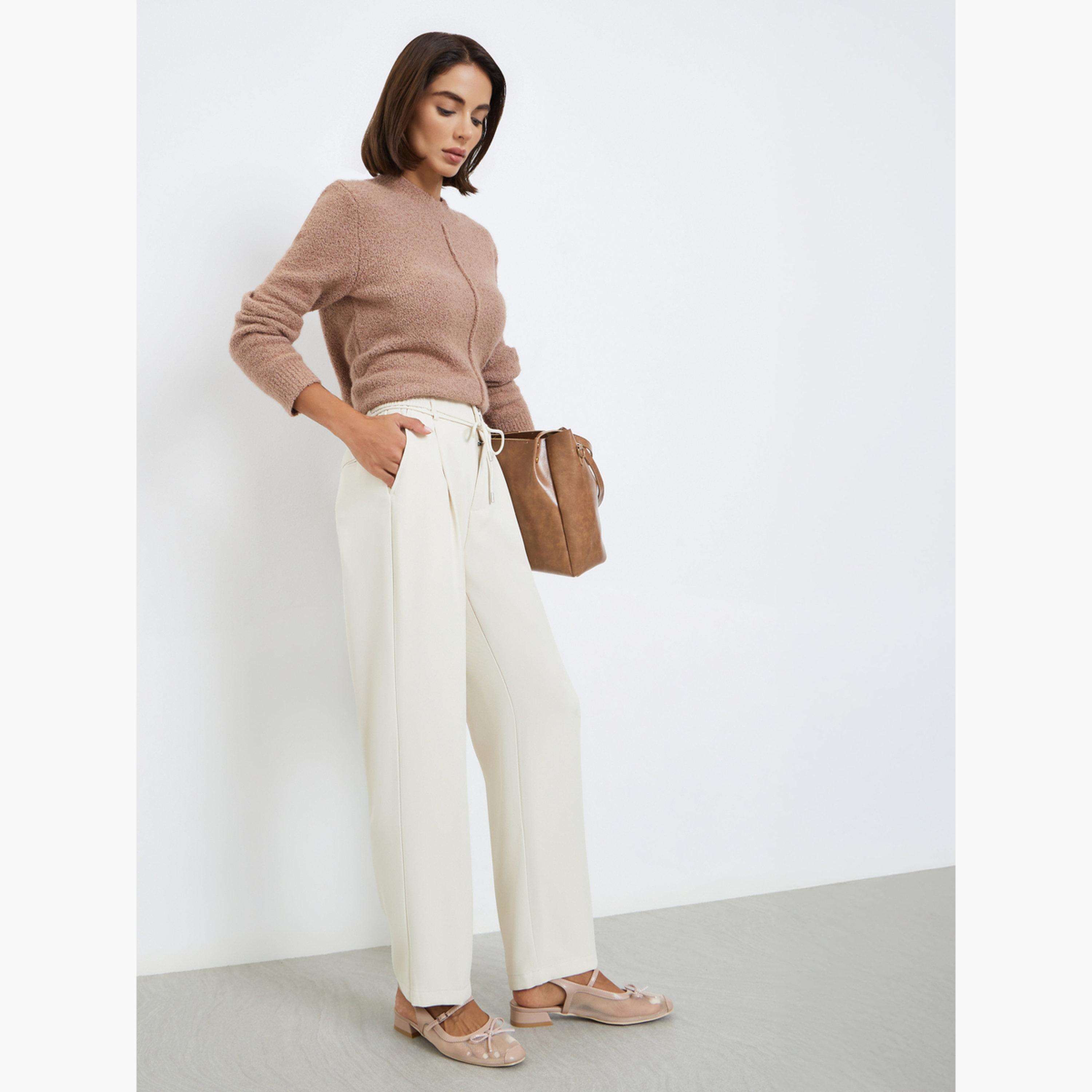 Styli Women Beige Drawstring Wide Leg Pants-women-clothing-bottoms-trousers-image-2