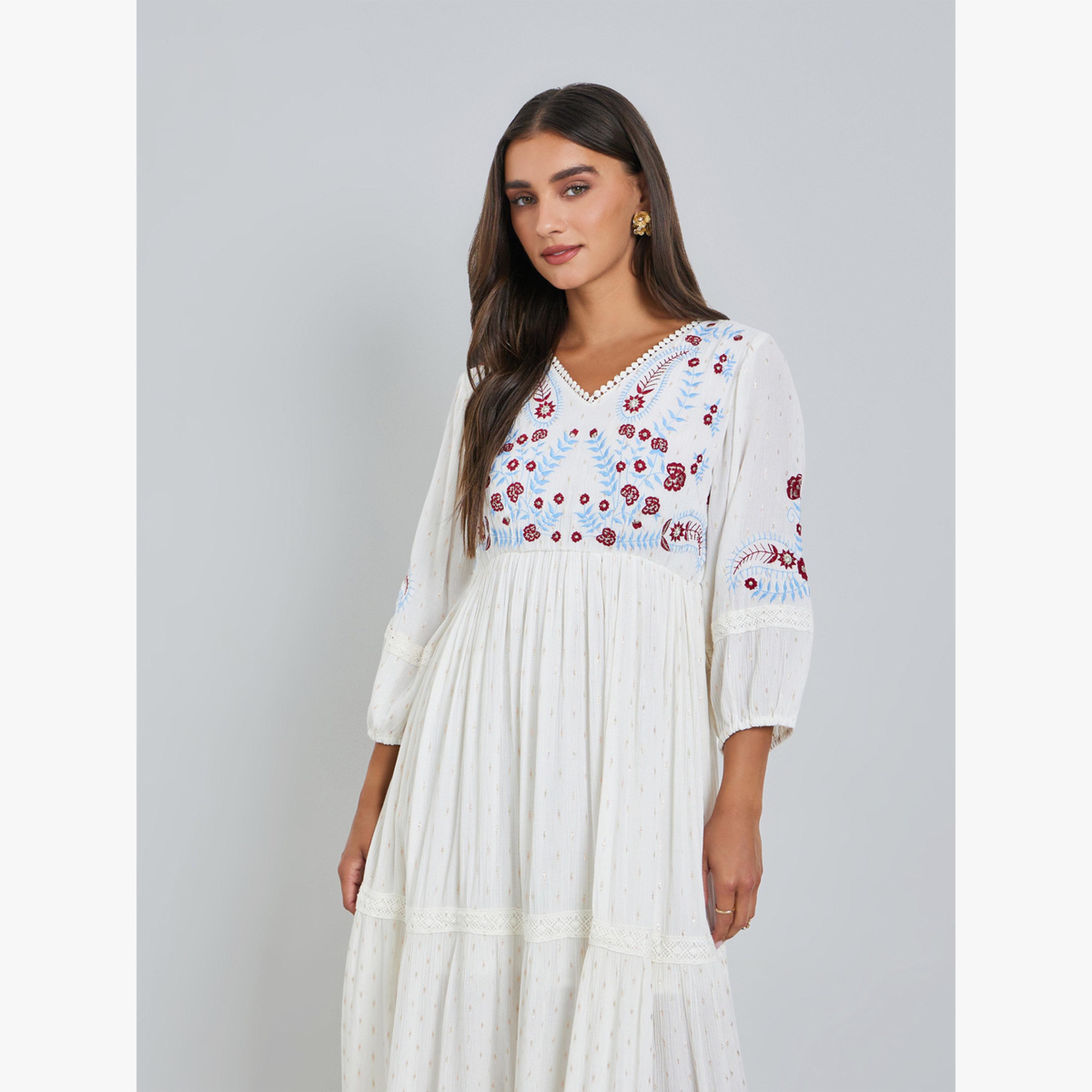 Styli Off White Embroidered 3/4 Sleeves Maxi Dress-women-clothing-dresses-image-2