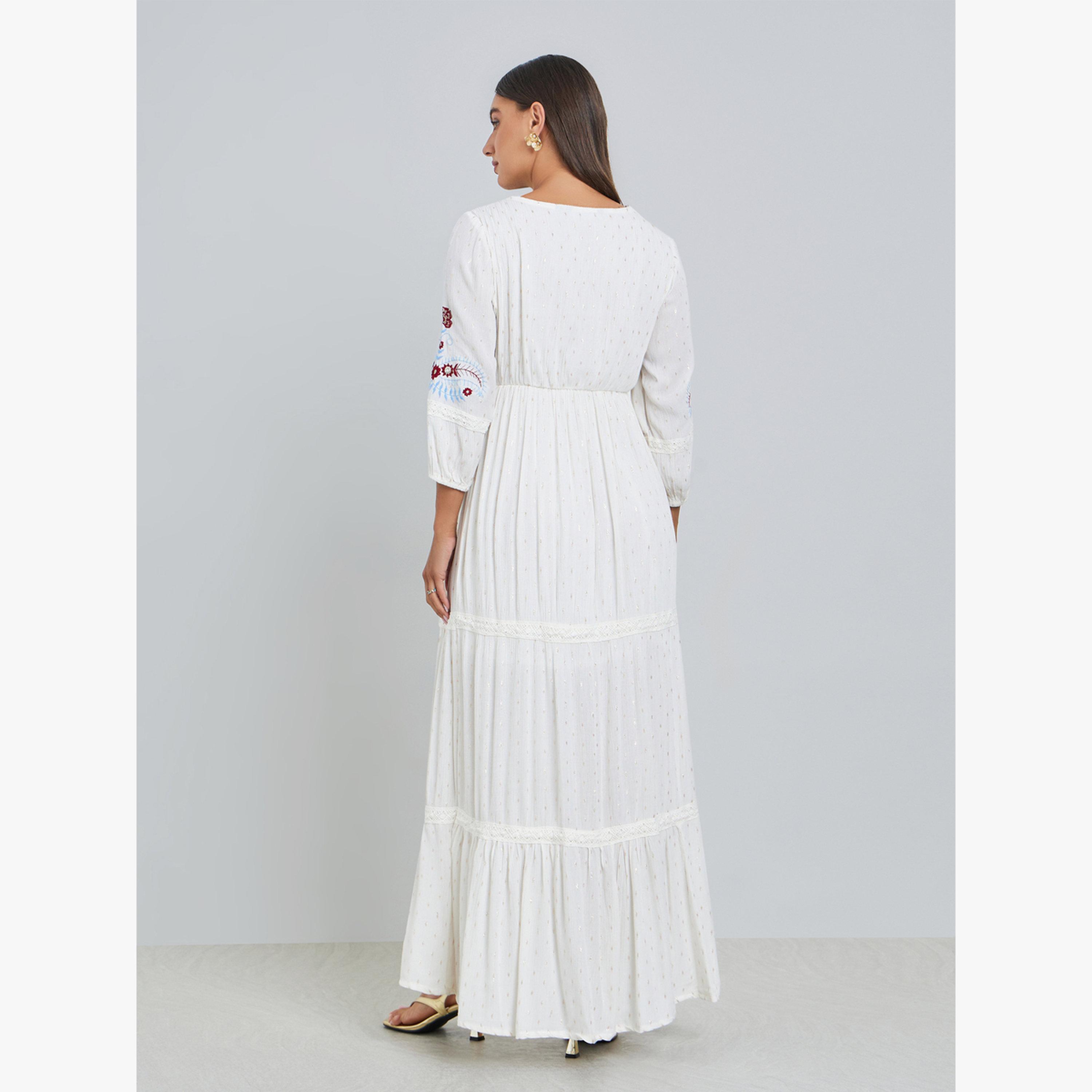 Styli Off White Embroidered 3/4 Sleeves Maxi Dress-women-clothing-dresses-image-4