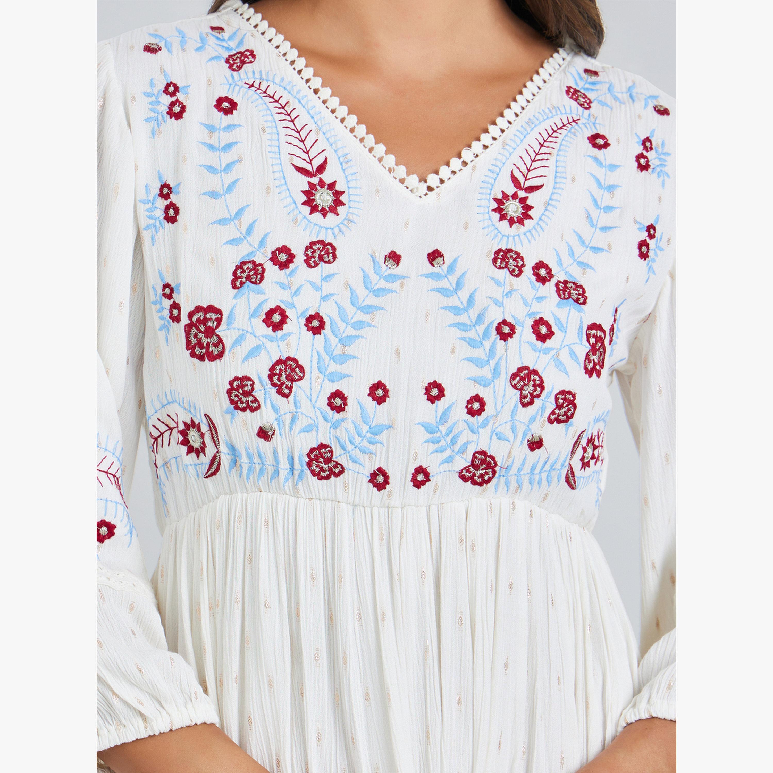 Styli Off White Embroidered 3/4 Sleeves Maxi Dress-women-clothing-dresses-image-5