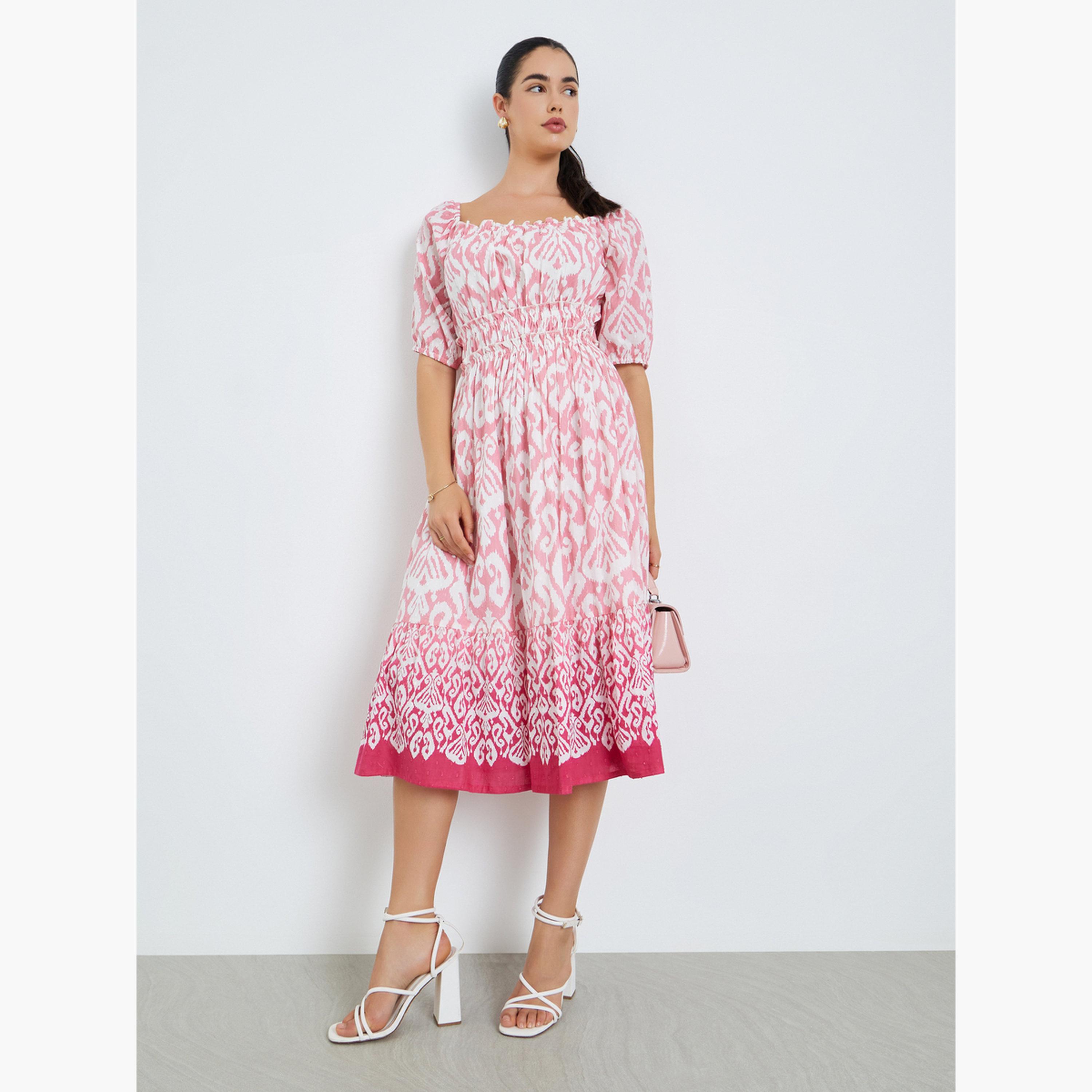 فستان ميدي بتفاصيل مزمومة وحافة واسعة-women-clothing-dresses-image-1