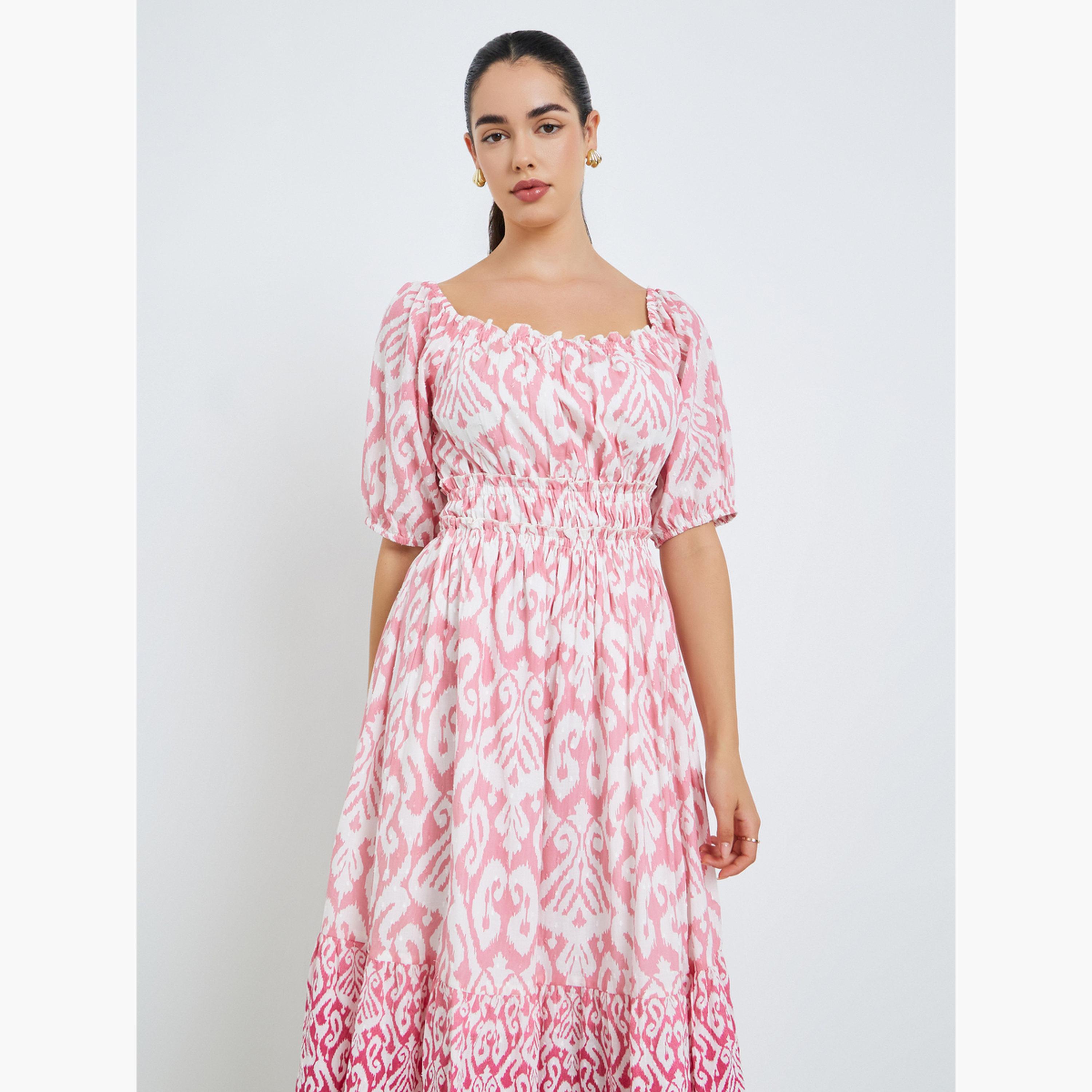 فستان ميدي بتفاصيل مزمومة وحافة واسعة-women-clothing-dresses-image-2