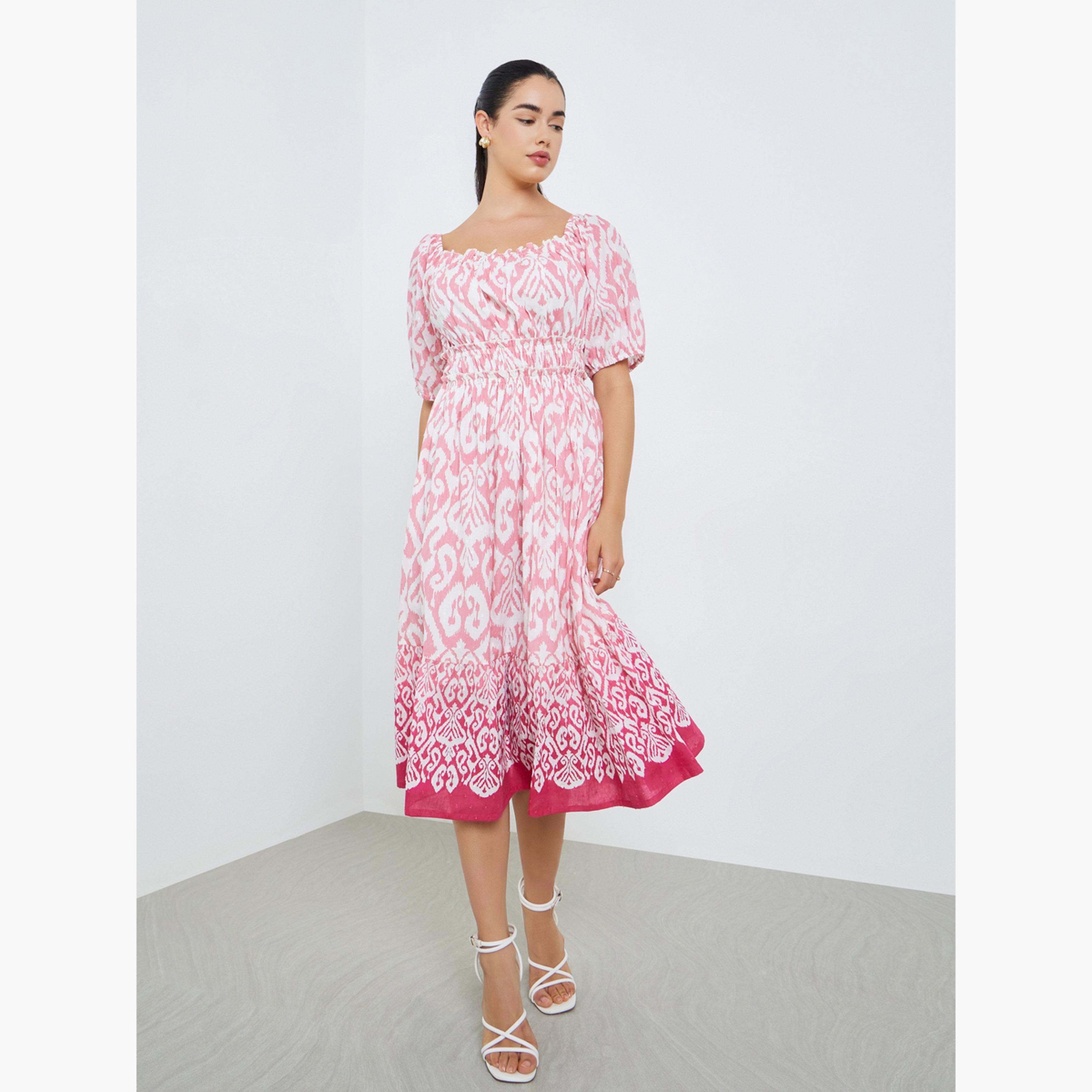 فستان ميدي بتفاصيل مزمومة وحافة واسعة-women-clothing-dresses-image-3