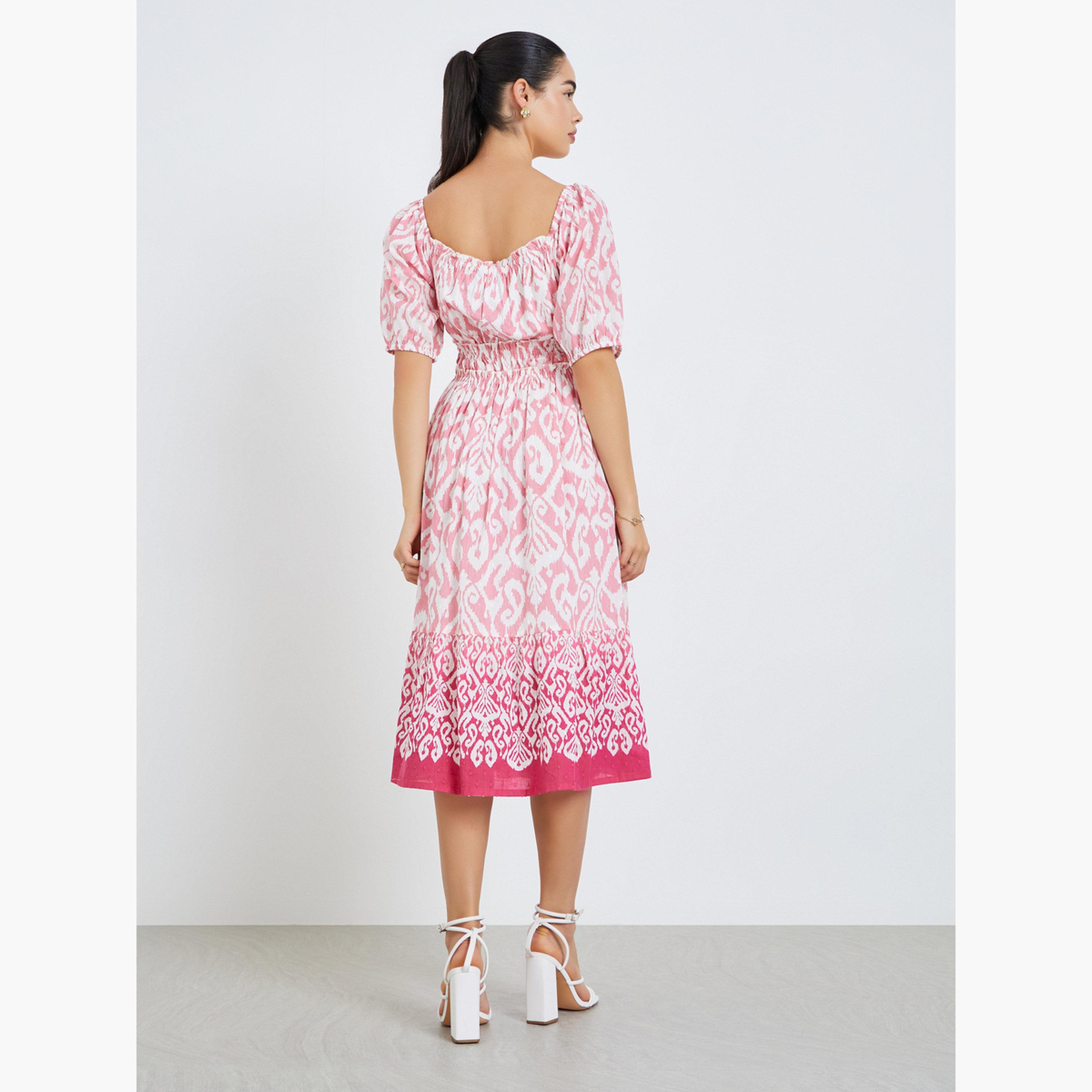 فستان ميدي بتفاصيل مزمومة وحافة واسعة-women-clothing-dresses-image-4
