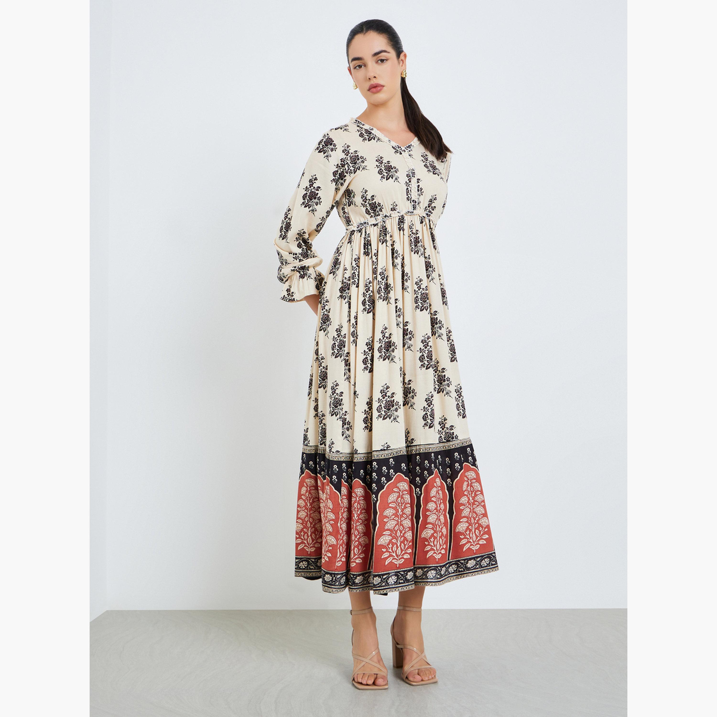 فستان طويل بأزرار وحافة واسعة وطبعة أزهار للنساء-women-clothing-dresses-image-1