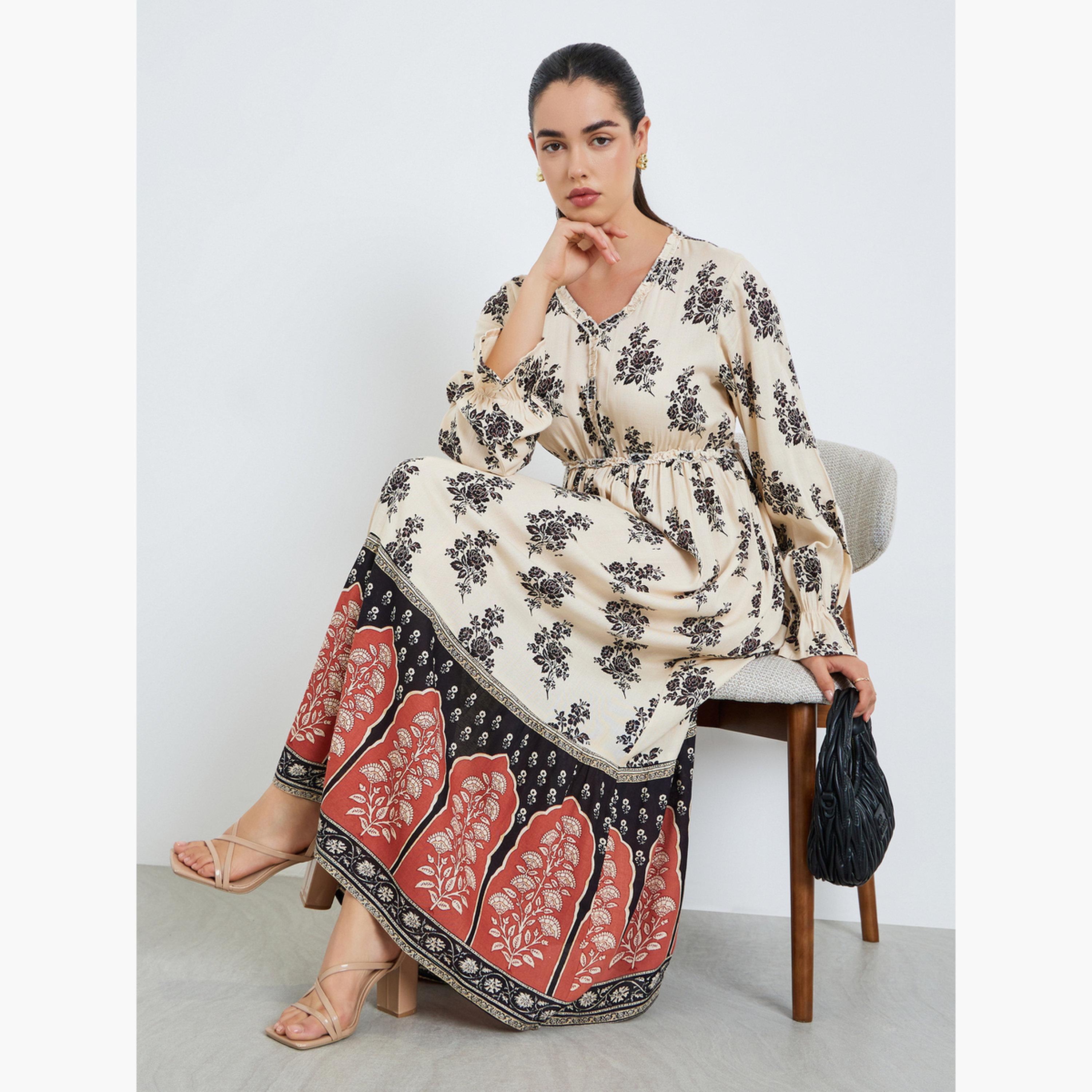 فستان طويل بأزرار وحافة واسعة وطبعة أزهار للنساء-women-clothing-dresses-image-2