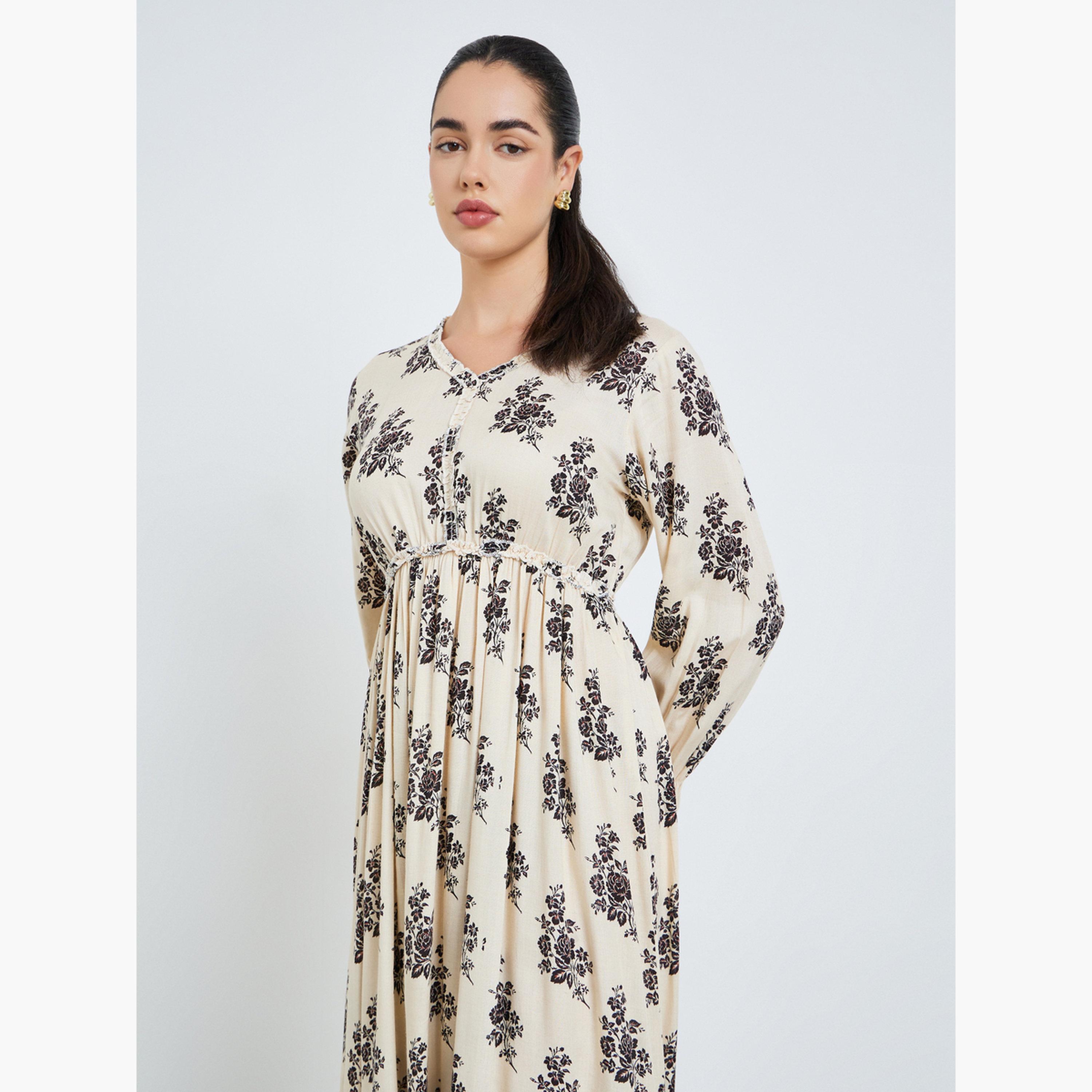 فستان طويل بأزرار وحافة واسعة وطبعة أزهار للنساء-women-clothing-dresses-image-3