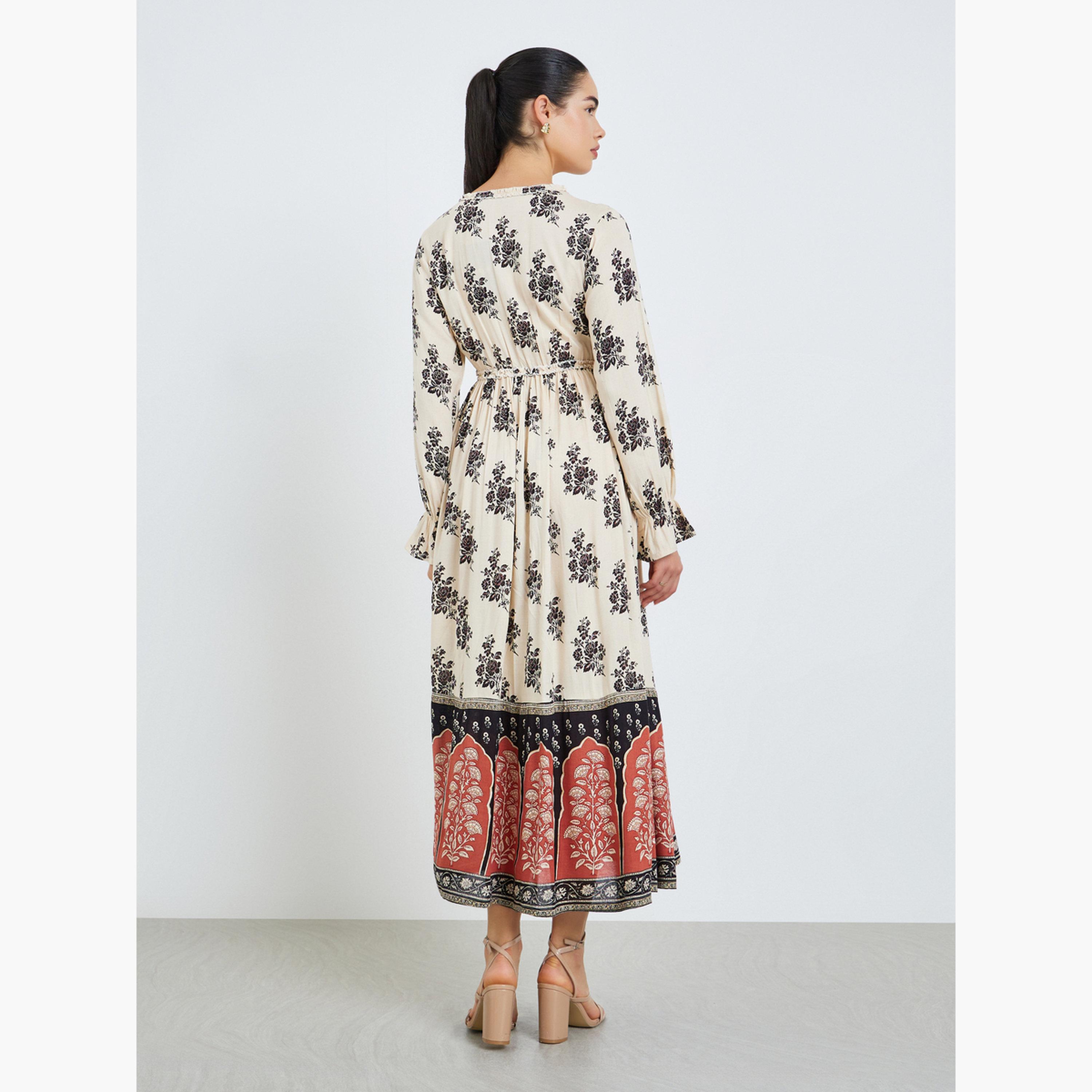 فستان طويل بأزرار وحافة واسعة وطبعة أزهار للنساء-women-clothing-dresses-image-4