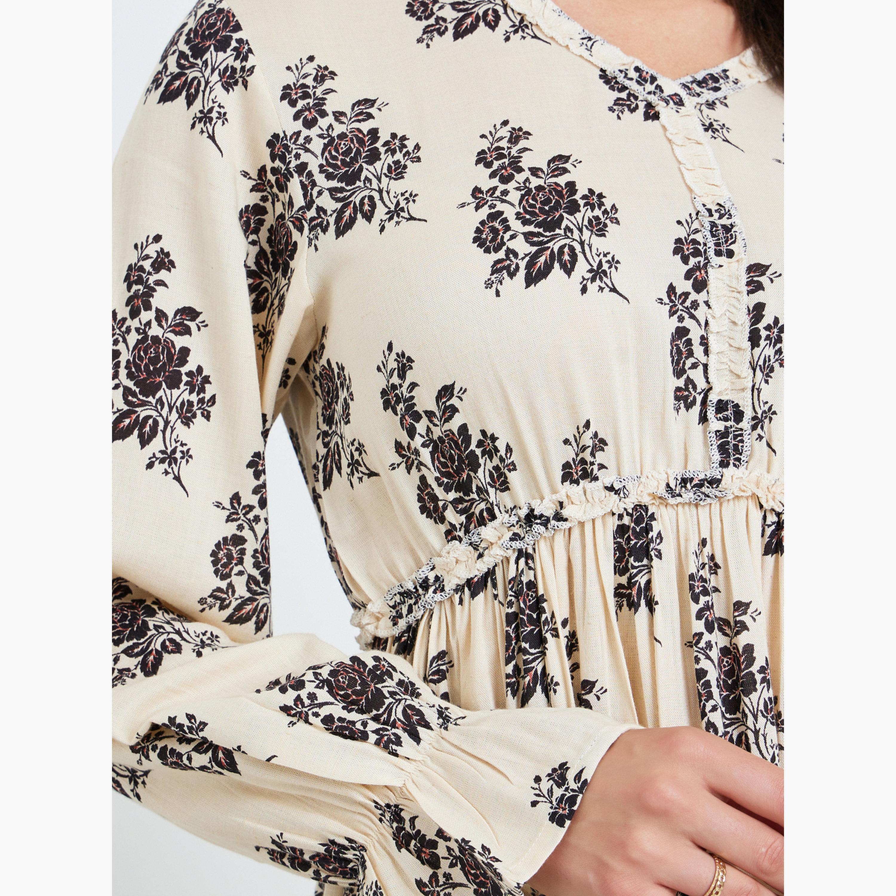 فستان طويل بأزرار وحافة واسعة وطبعة أزهار للنساء-women-clothing-dresses-image-5