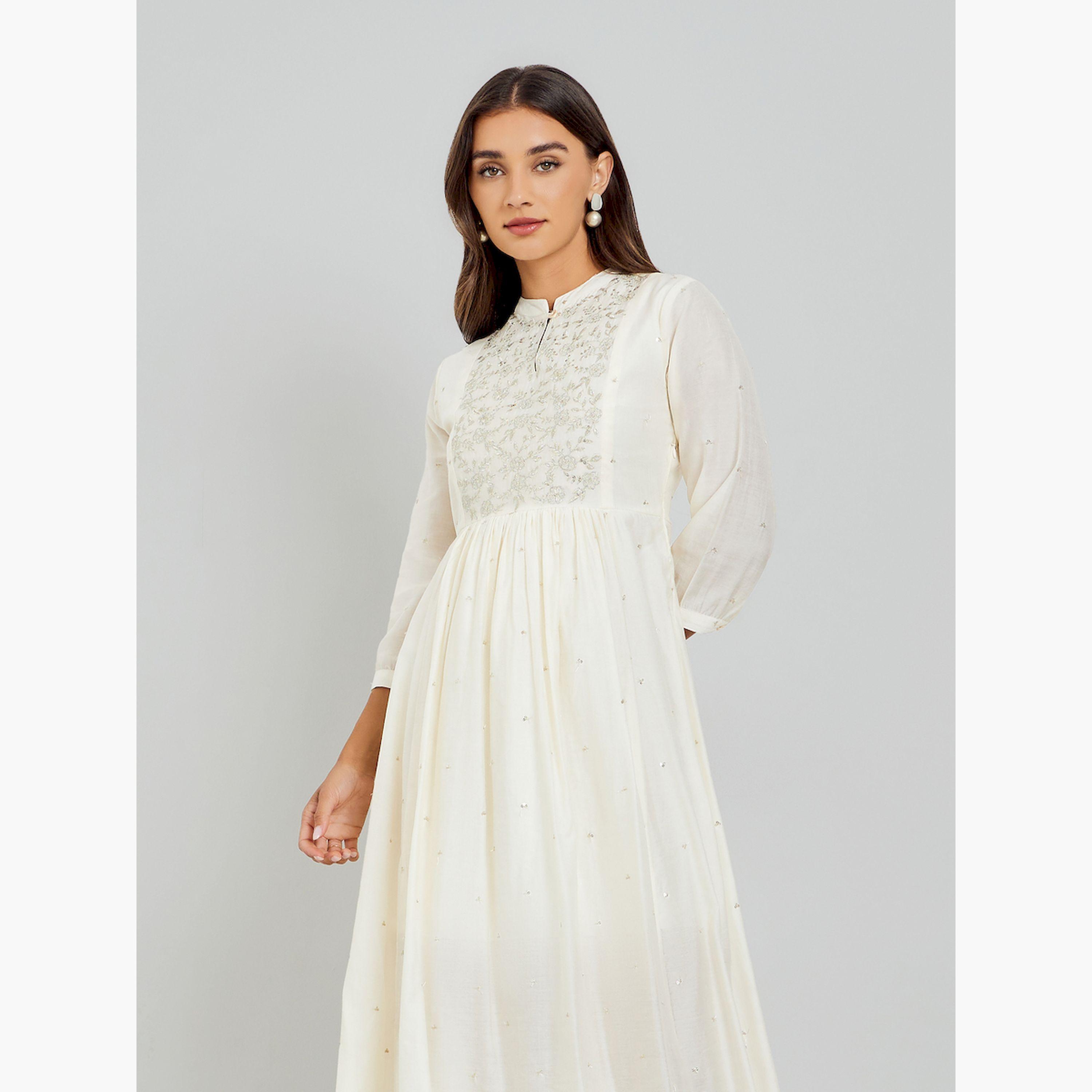 Styli Women Cream Embroidered A-Line Midi Dress-women-clothing-dresses-image-2