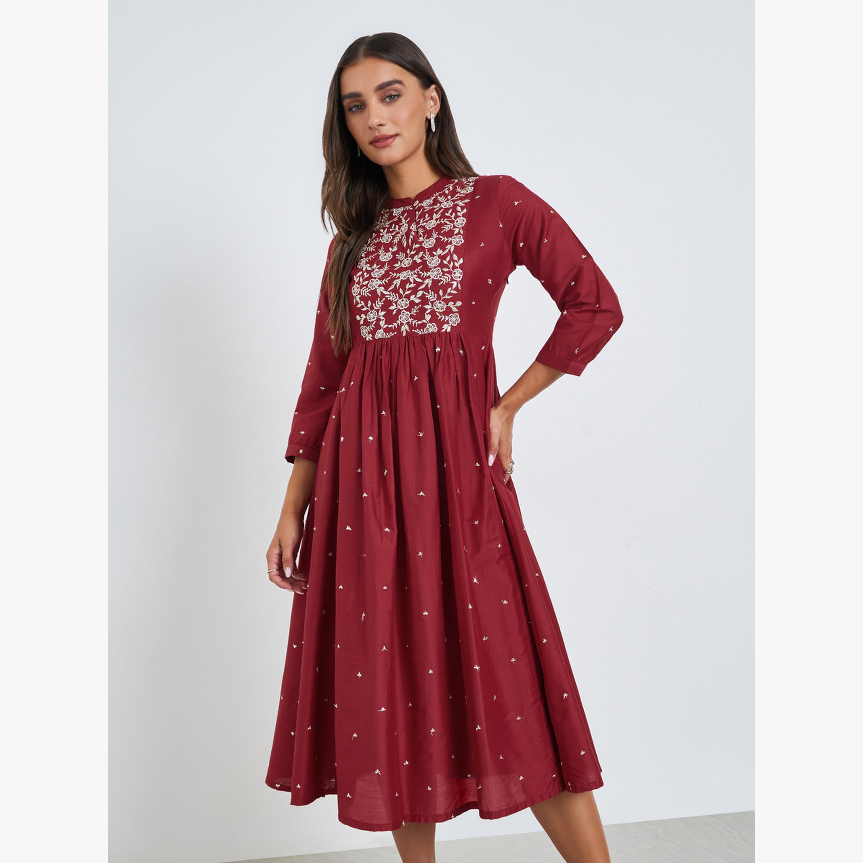 فستان ميدي مطرز بحافة واسعة-women-clothing-dresses-image-1