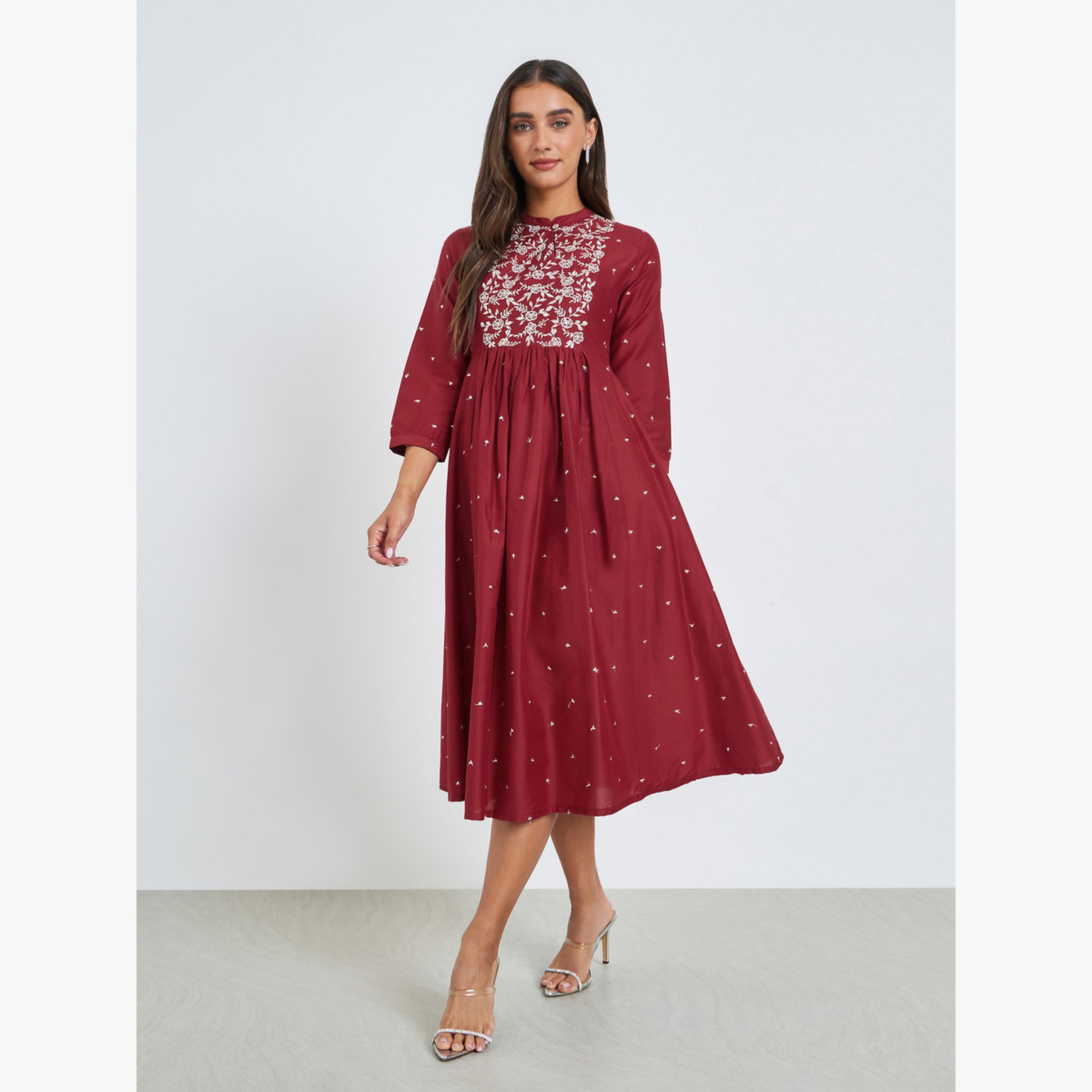 Styli Maroon Embroidered Yoke A-Line Midi Dress-women-clothing-dresses-image-2
