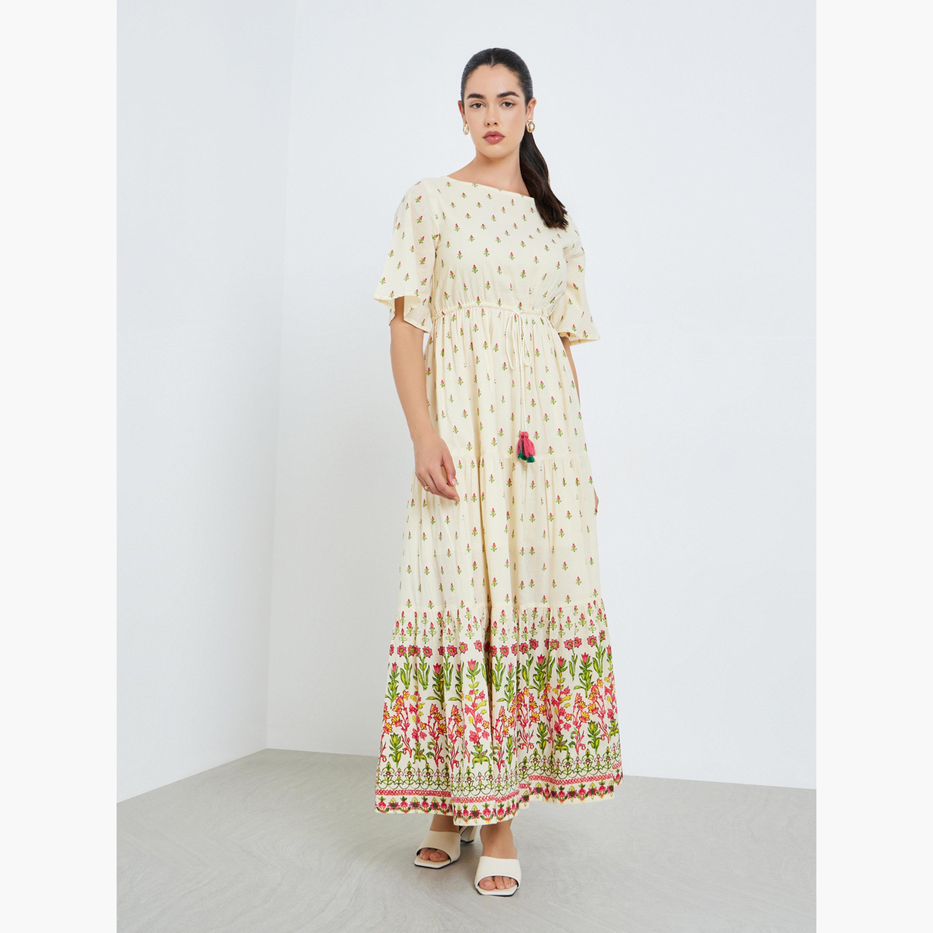 Styli Women Cream Floral Printed A-Line Maxi Dress-women-clothing-dresses-image-1