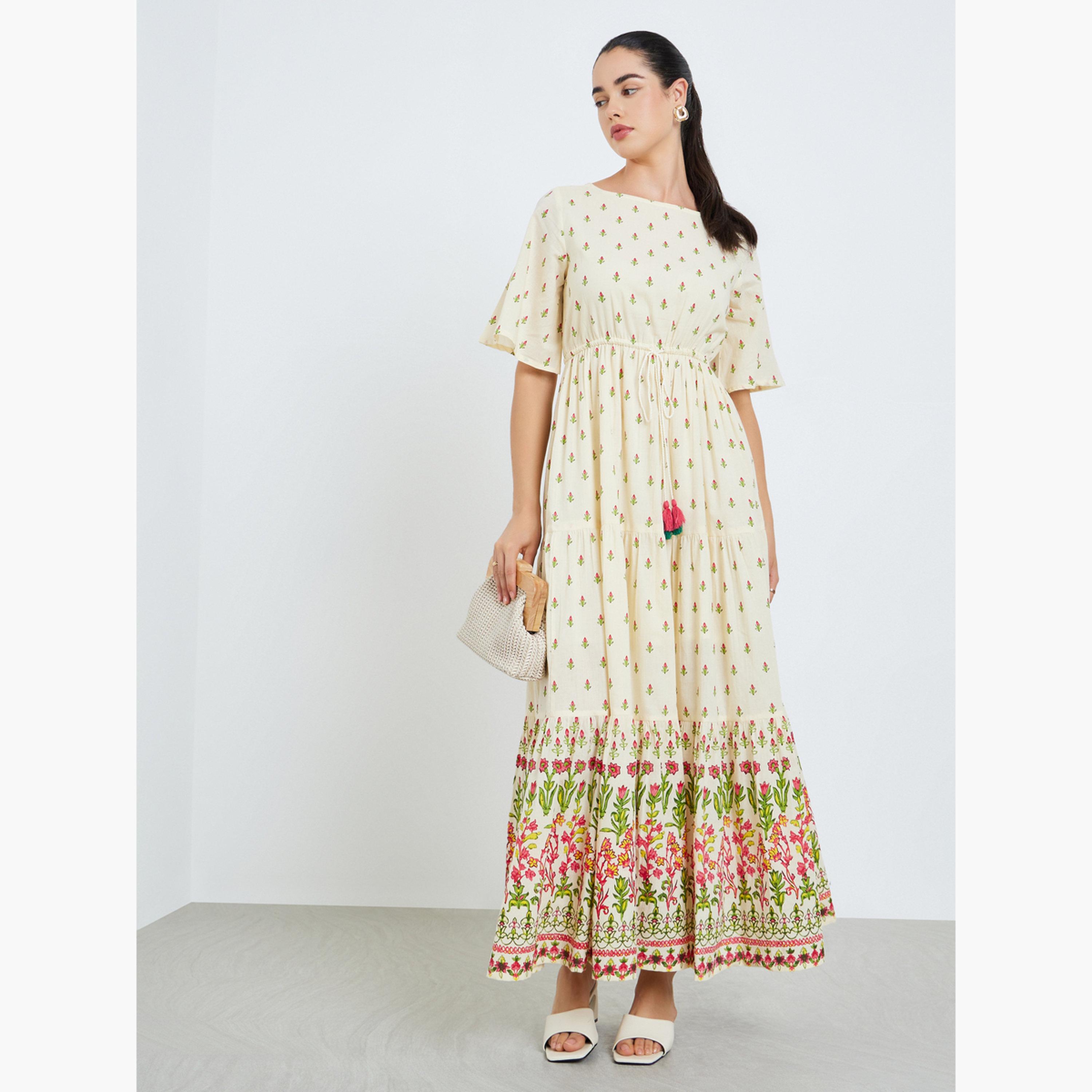 Styli Women Cream Floral Printed A-Line Maxi Dress-women-clothing-dresses-image-3