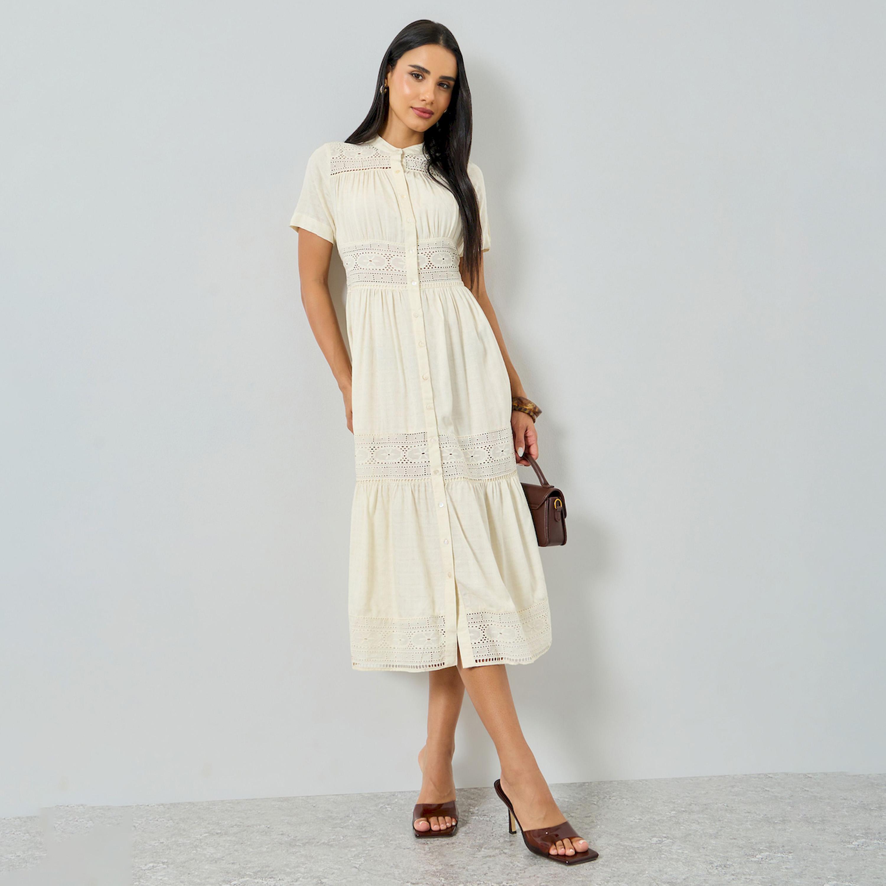فستان ميدي بنمط قميص وتفاصيل دانتيل-women-clothing-dresses-image-1