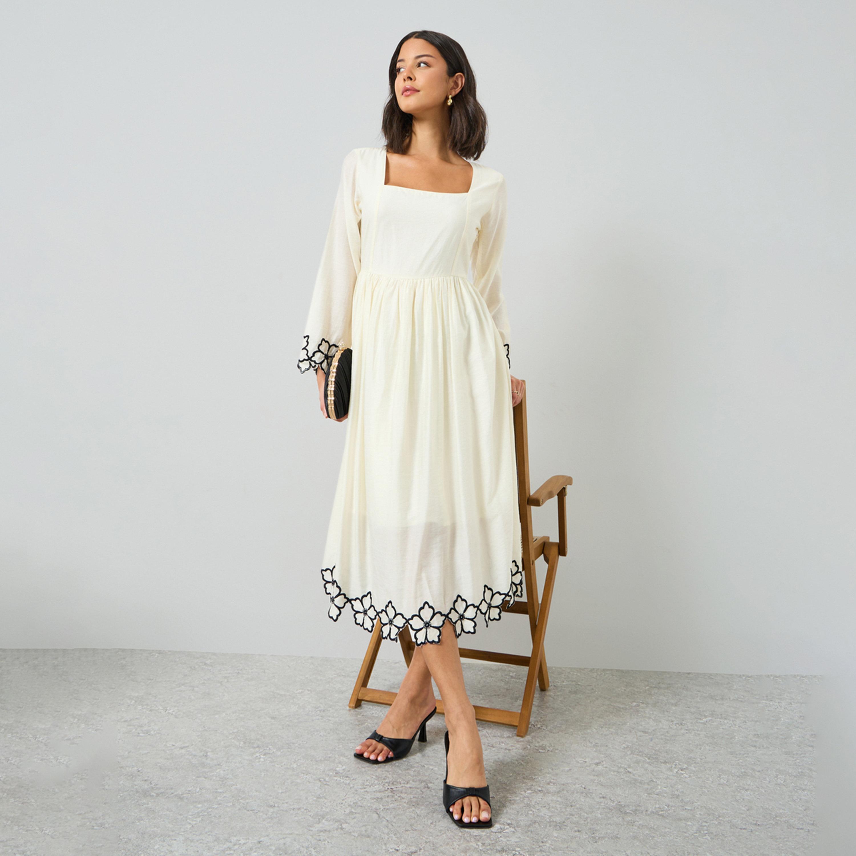 Styli Cream Floral Embroidery Square Neck Midi Dress-women-clothing-dresses-image-1