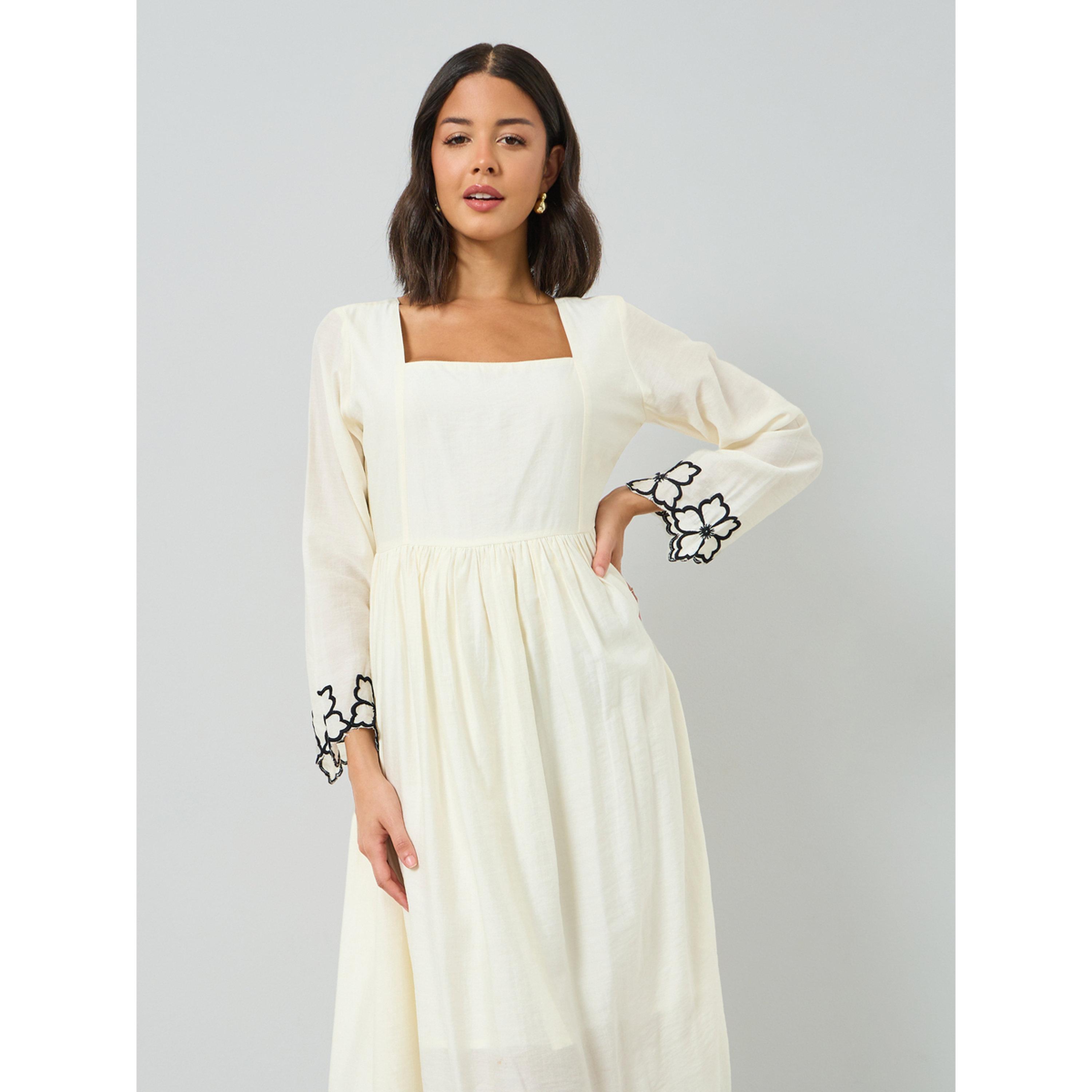 Styli Cream Floral Embroidery Square Neck Midi Dress-women-clothing-dresses-image-3