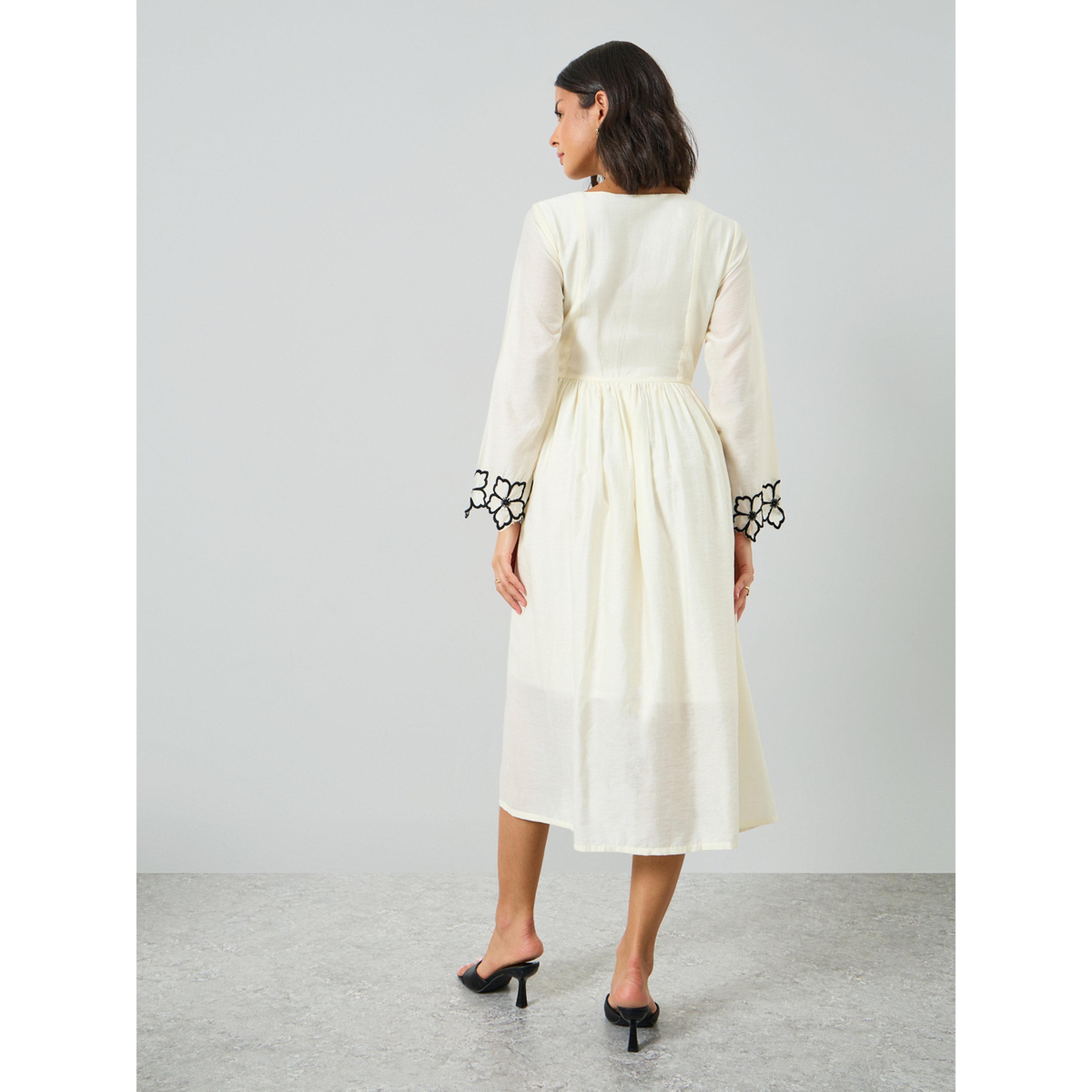 Styli Cream Floral Embroidery Square Neck Midi Dress-women-clothing-dresses-image-4