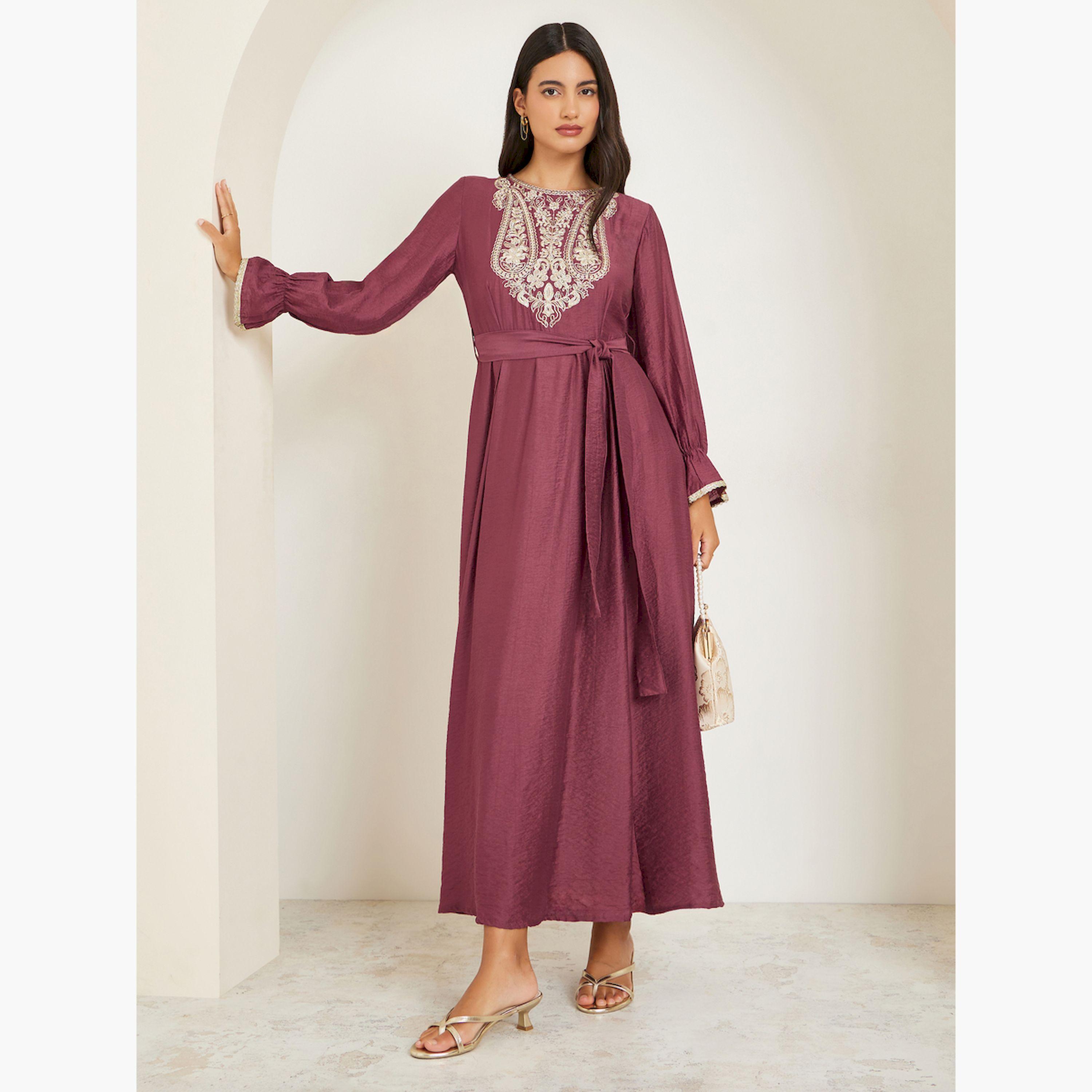 Styli Rust Embellished Embroidered A-Line Maxi Dress-women-clothing-dresses-image-1