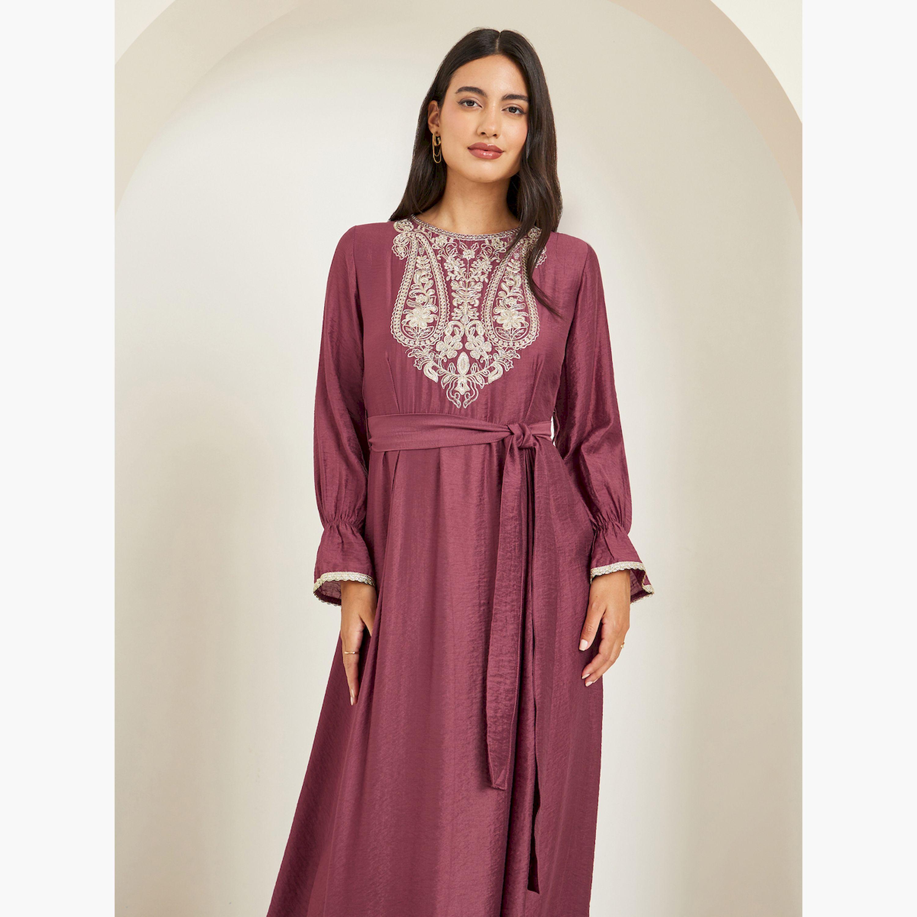 Styli Rust Embellished Embroidered A-Line Maxi Dress-women-clothing-dresses-image-2