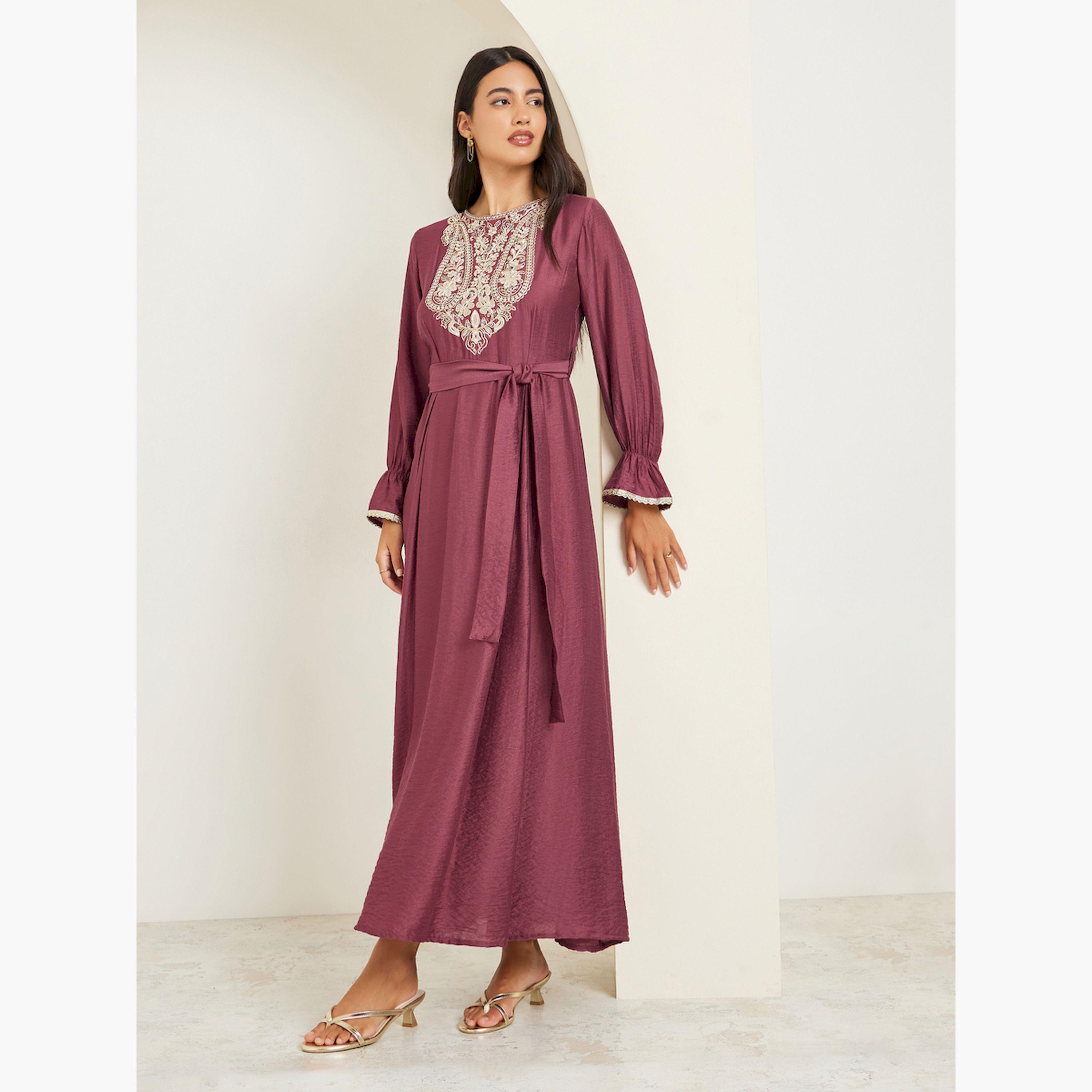 Styli Rust Embellished Embroidered A-Line Maxi Dress-women-clothing-dresses-image-3