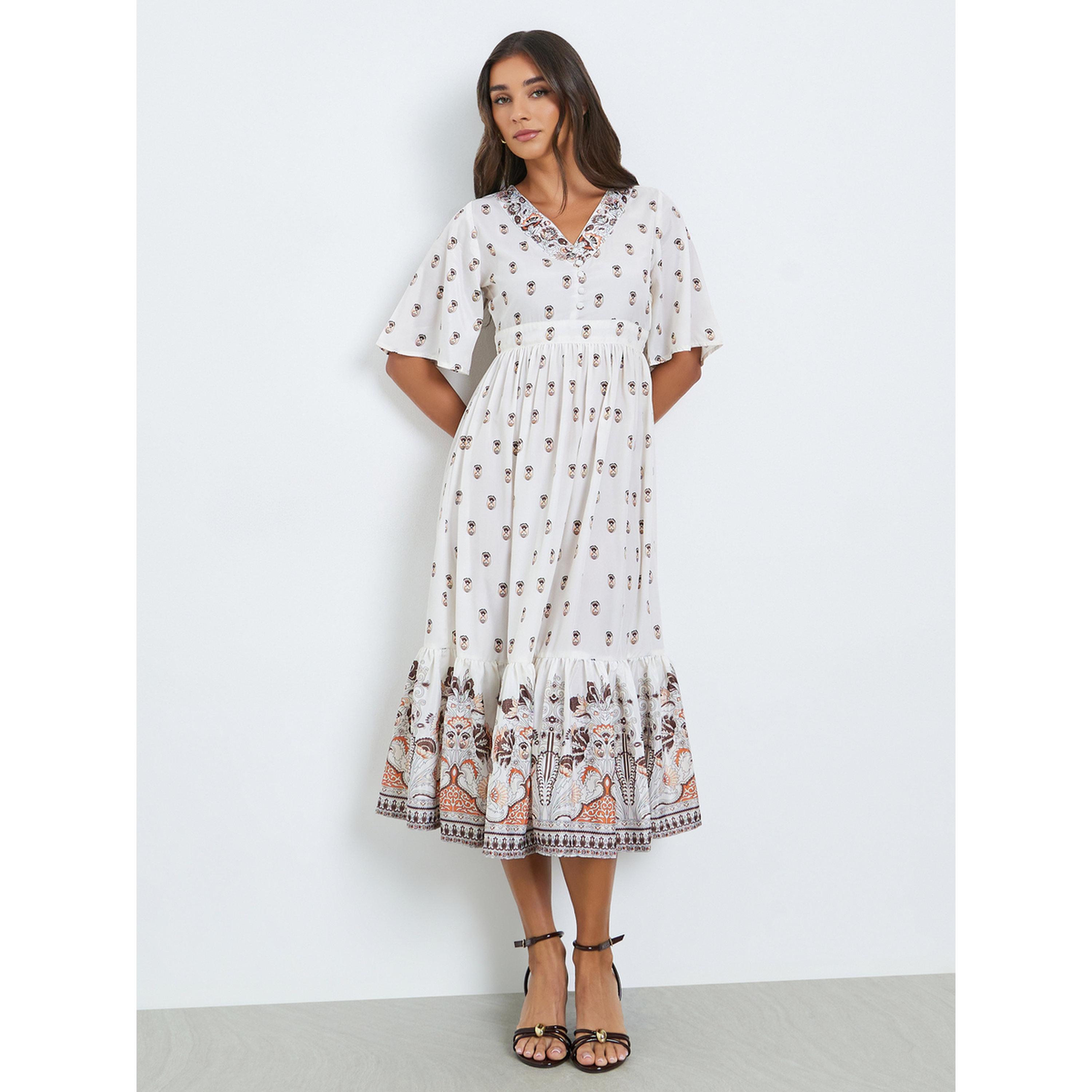 Styli Women Cream Floral Print A-Line Midi Dress-women-clothing-dresses-image-1