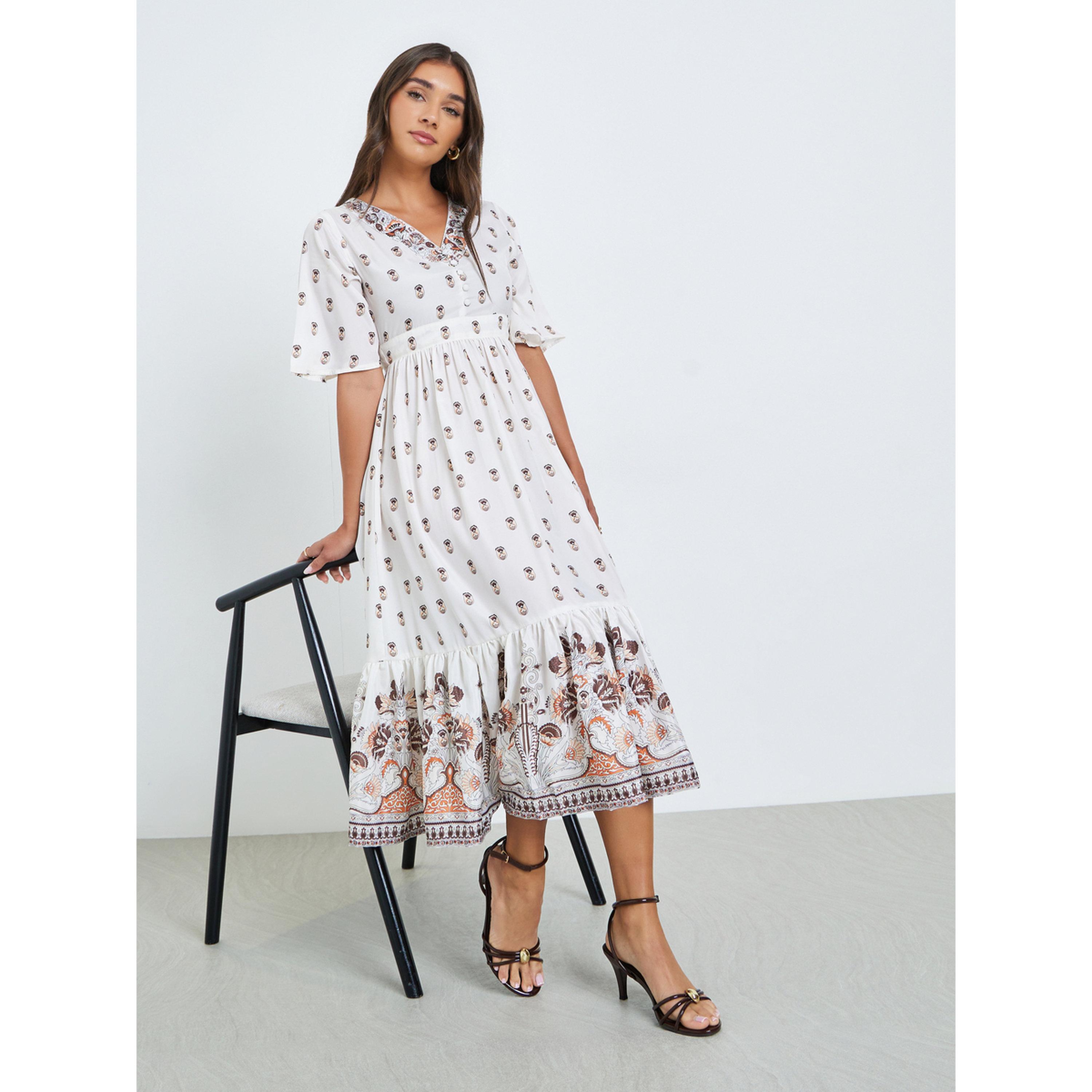 Styli Women Cream Floral Print A-Line Midi Dress-women-clothing-dresses-image-2