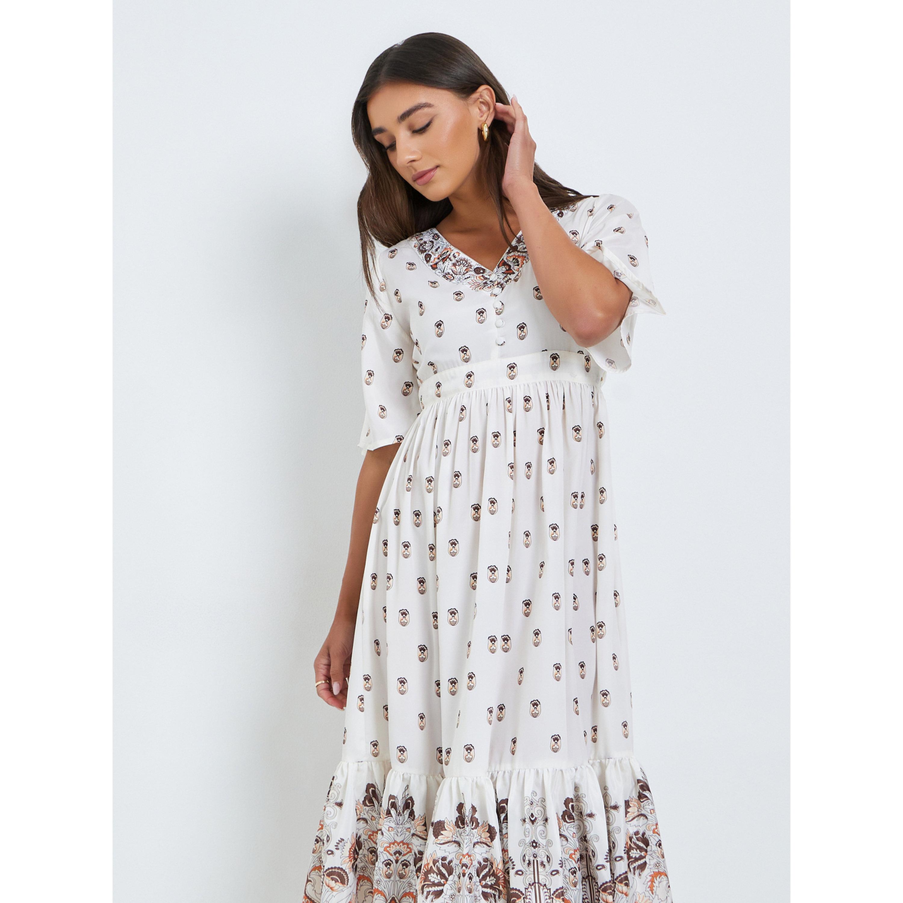 Styli Women Cream Floral Print A-Line Midi Dress-women-clothing-dresses-image-3