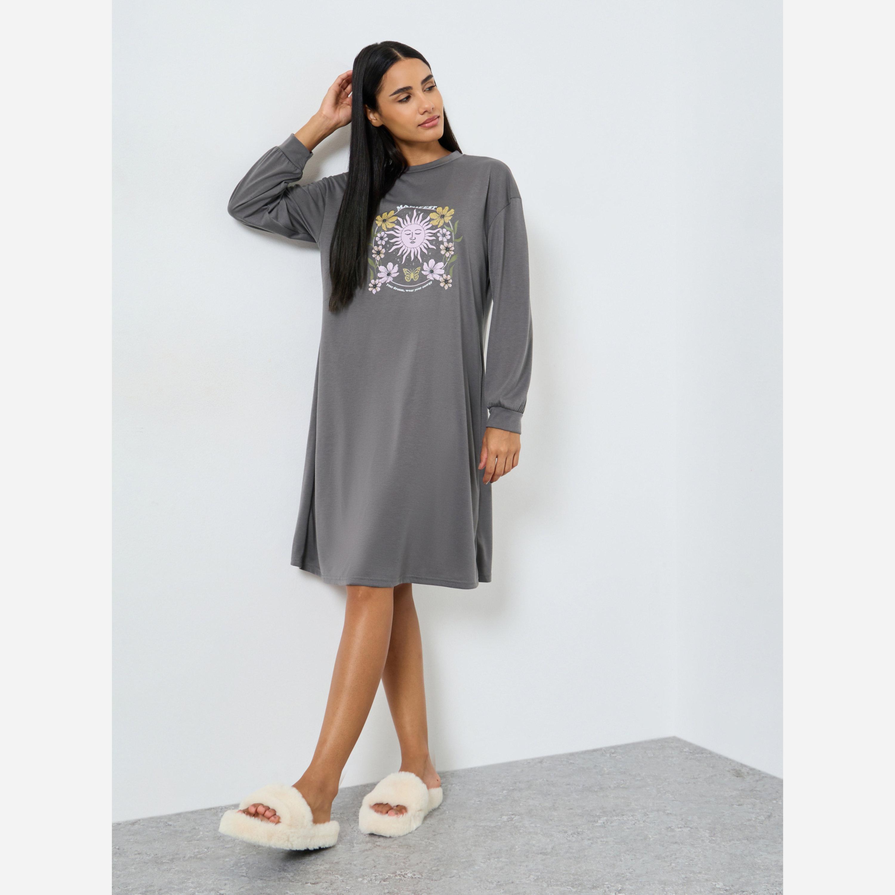 Styli Manifest Text Drop Shoulder Cuff Sleeve Sleep T-Shirt Dress-women-clothing-nightwear-nighties-image-2