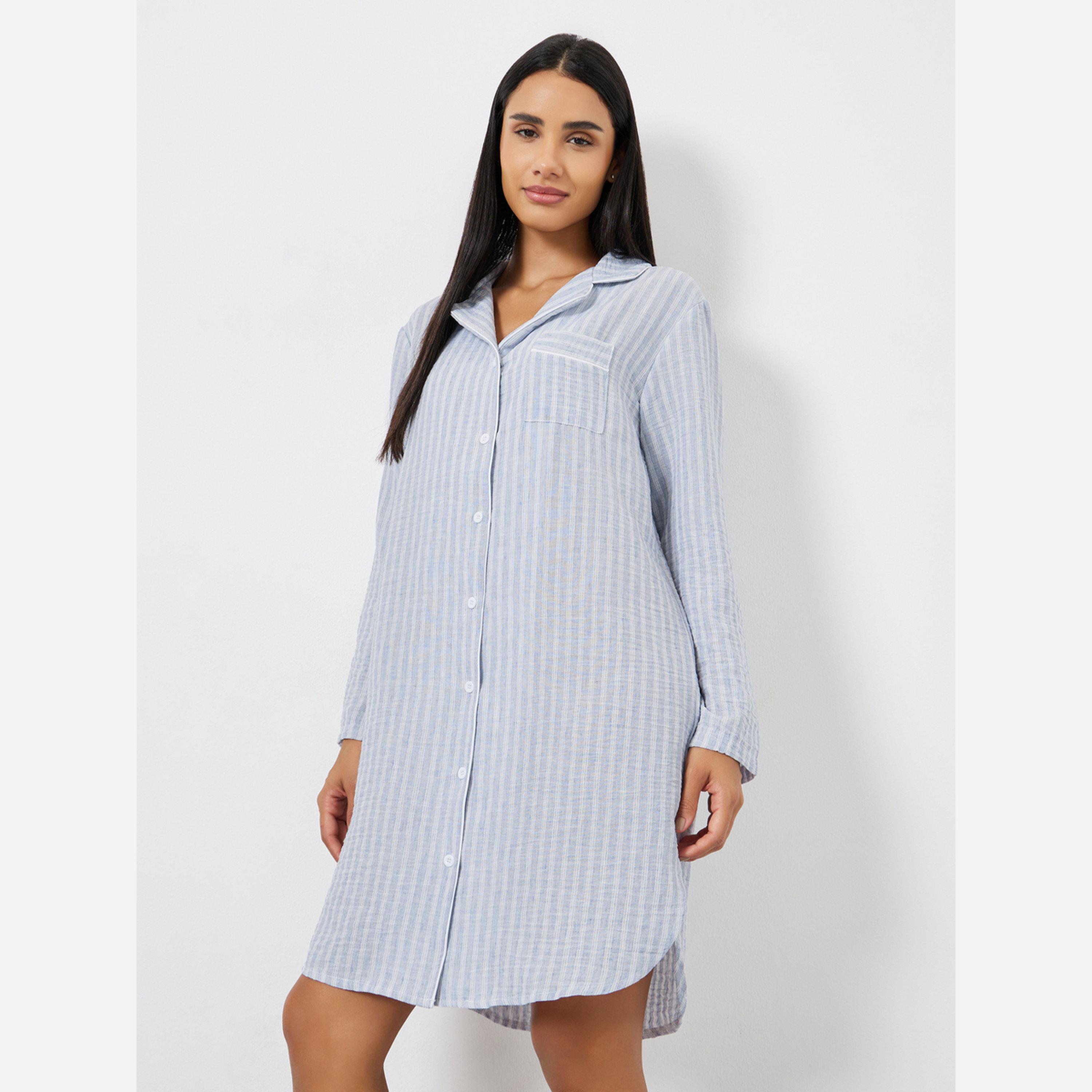 ستايلي - فستان نوم كتان مخطط بأزرار-women-clothing-nightwear-nighties-image-1