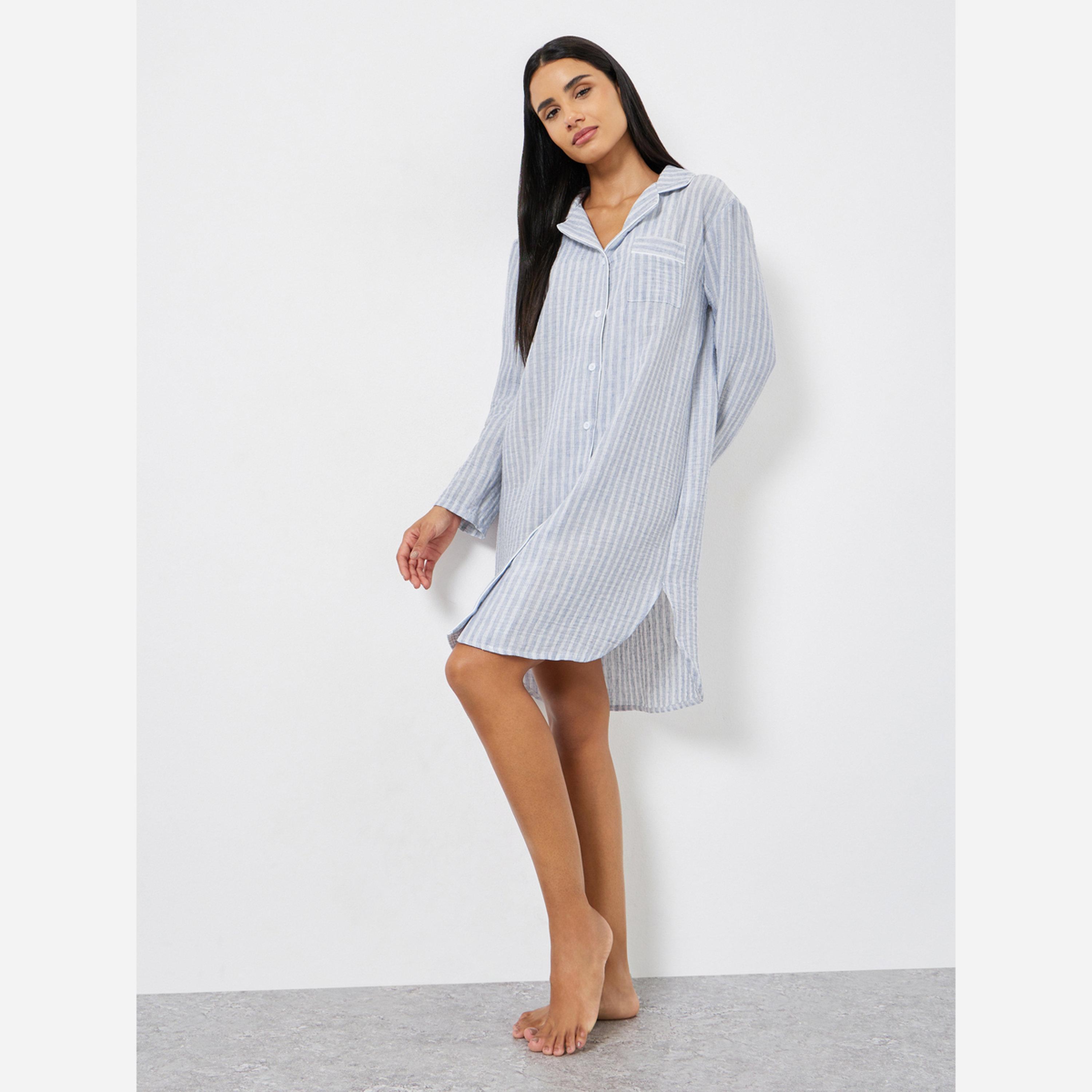 ستايلي - فستان نوم كتان مخطط بأزرار-women-clothing-nightwear-nighties-image-2
