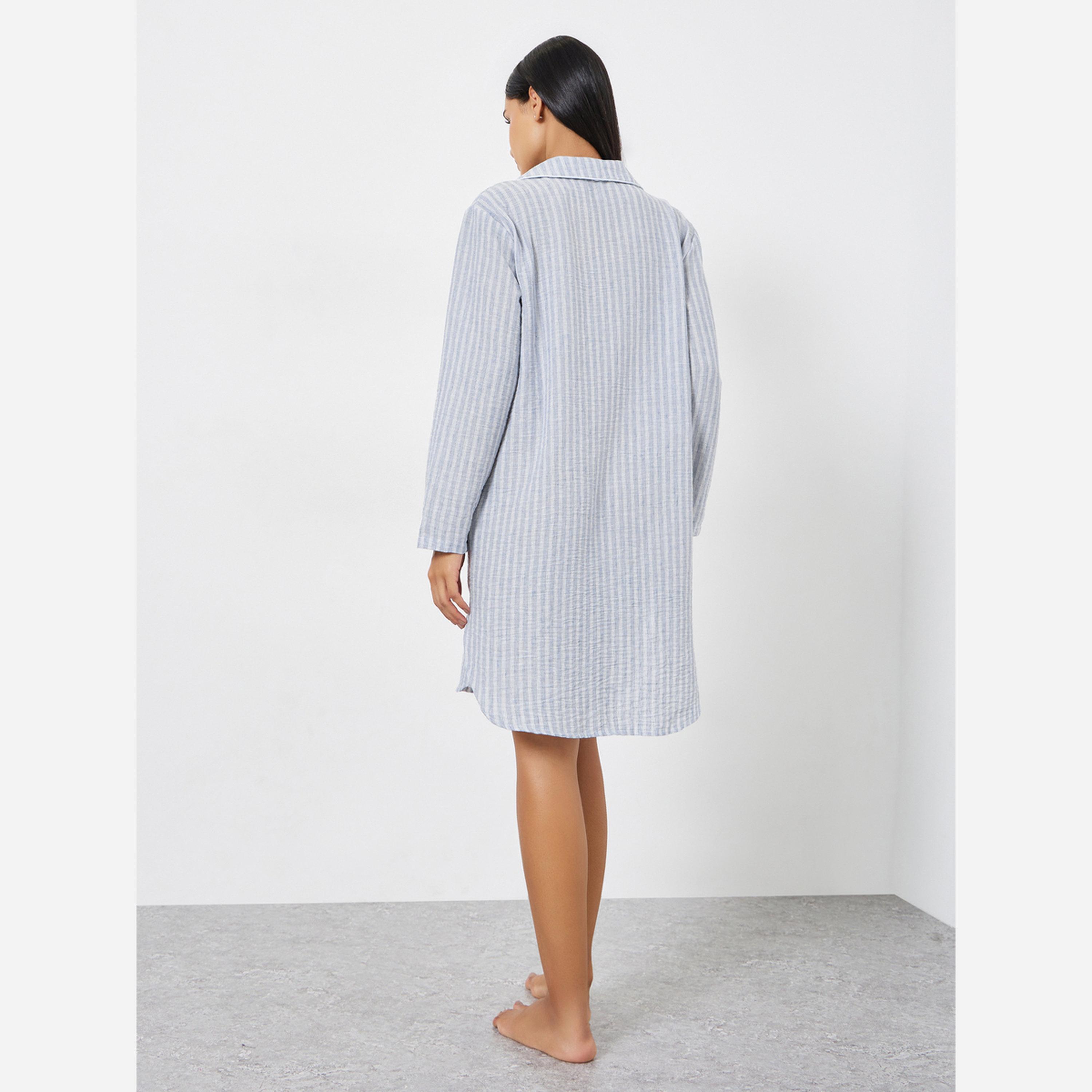 ستايلي - فستان نوم كتان مخطط بأزرار-women-clothing-nightwear-nighties-image-3